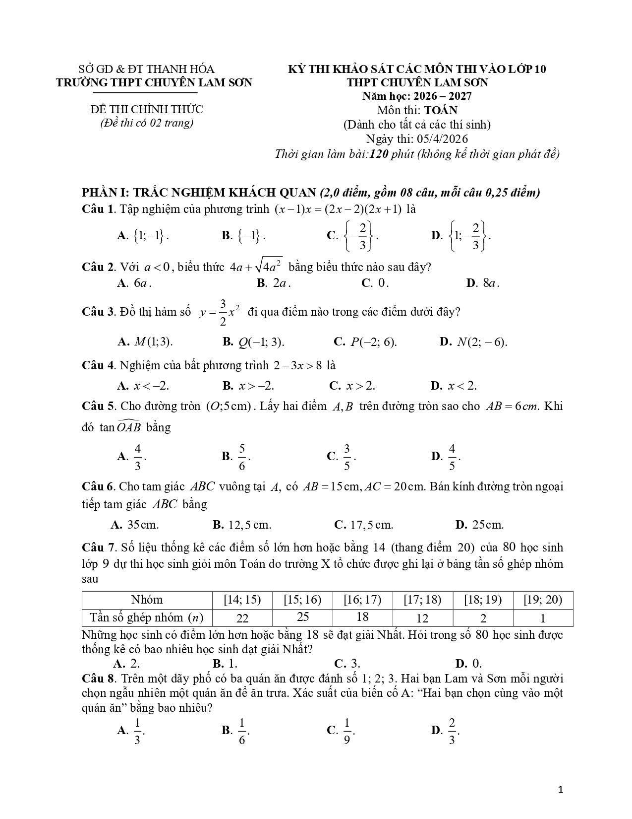 Đề thi thử Toán vào lớp 10 năm 2026-2027 trường chuyên Lam Sơn (Thanh Hóa)