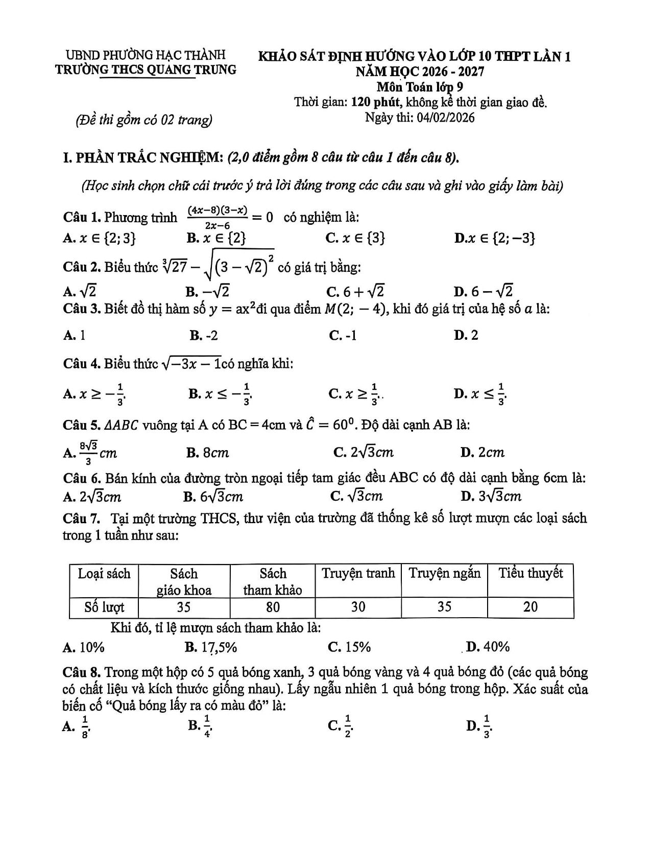 Đề thi thử Toán vào lớp 10 lần 1 năm 2026-2027 trường THCS Quang Trung (Thanh Hóa)