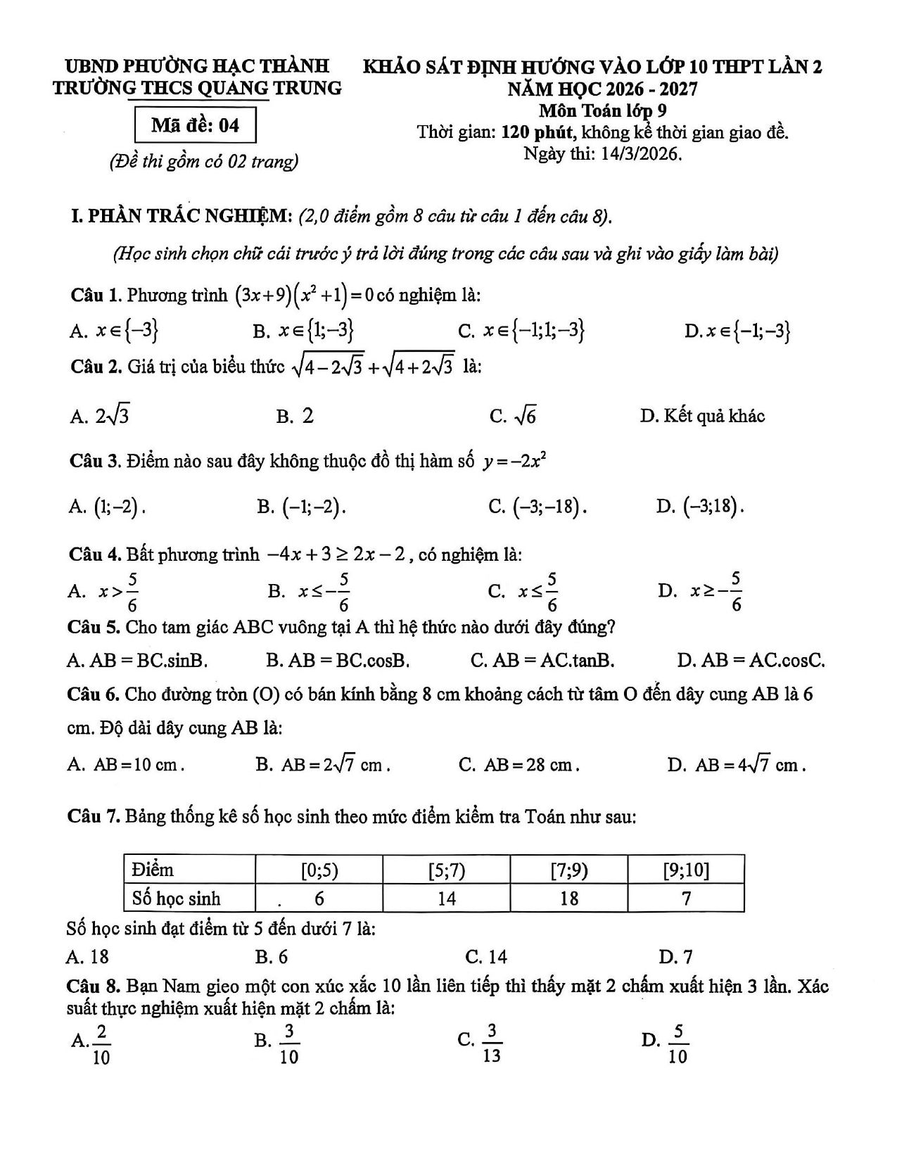Đề thi thử Toán vào lớp 10 lần 2 năm 2026-2027 trường THCS Quang Trung (Thanh Hóa)