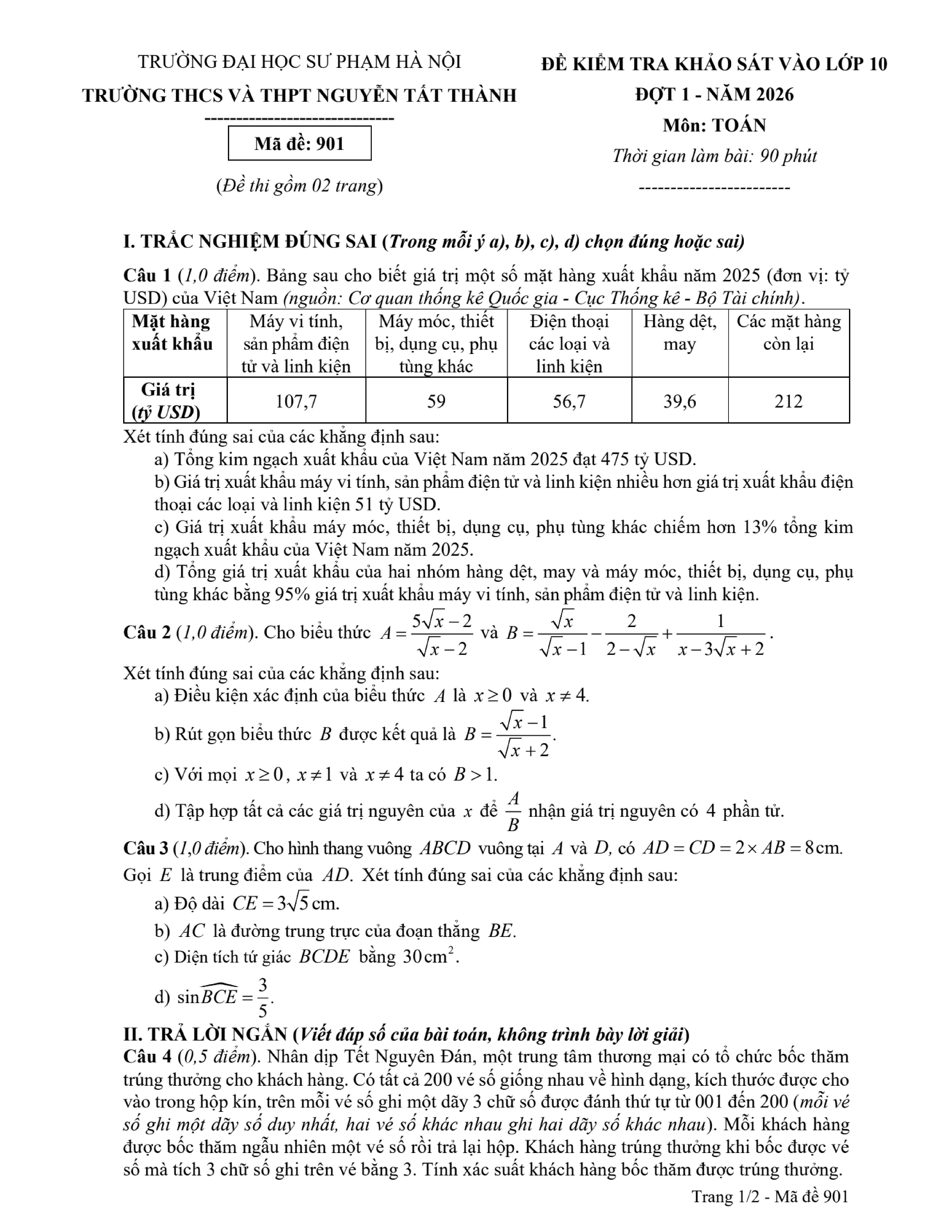 Đề thi thử Toán vào lớp 10 năm 2026-2027 trường Nguyễn Tất Thành (Hà Nội)