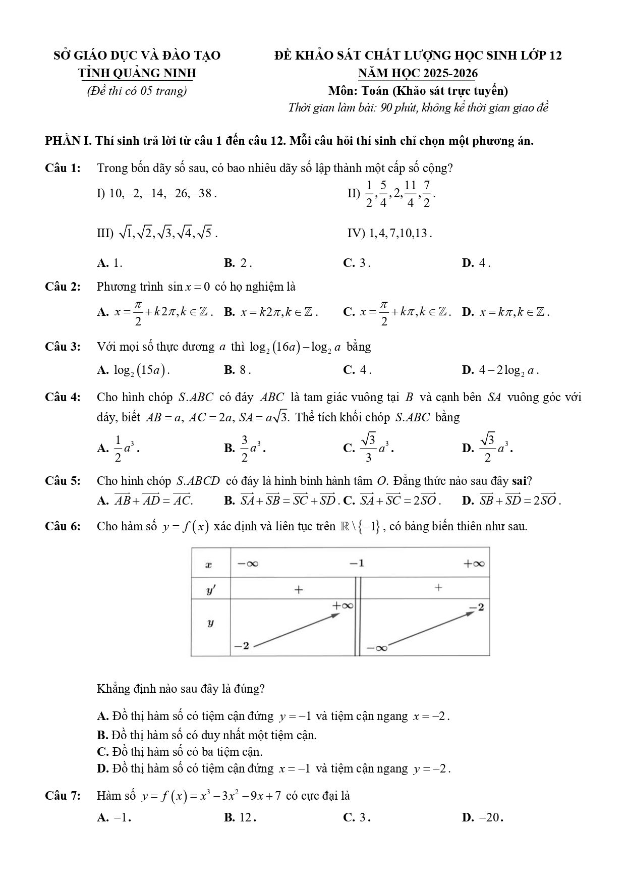 Đề thi thử Tốt nghiệp THPT Toán 2025-2026 sở GD&ĐT Quảng Ninh
