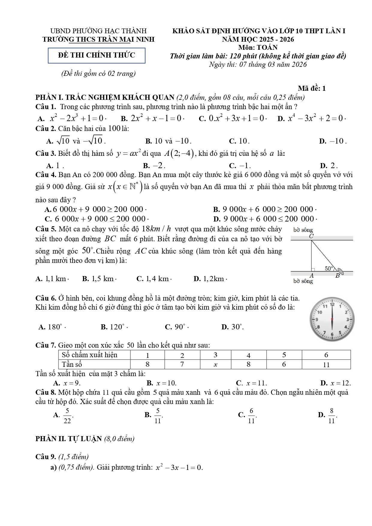 Đề thi thử Toán vào lớp 10 năm 2026-2027 trường THCS Trần Mai Ninh (Thanh Hóa)