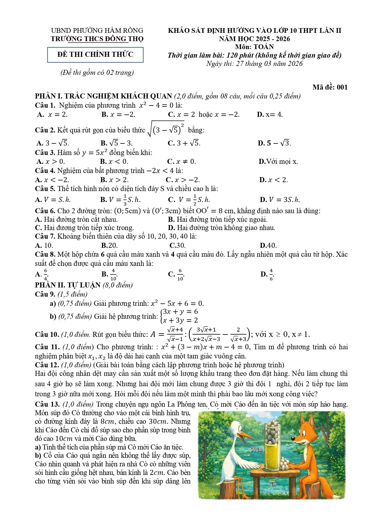 Đề thi thử Toán vào lớp 10 lần 2 năm 2026-2027 trường THCS Đông Thọ (Thanh Hóa)