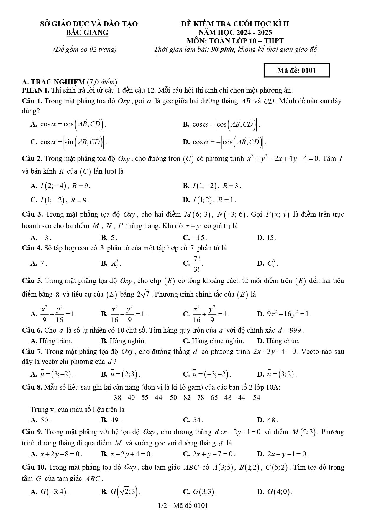 Đề thi Học kì 2 Toán 10 sở GD&ĐT Bắc Giang năm 2024–2025