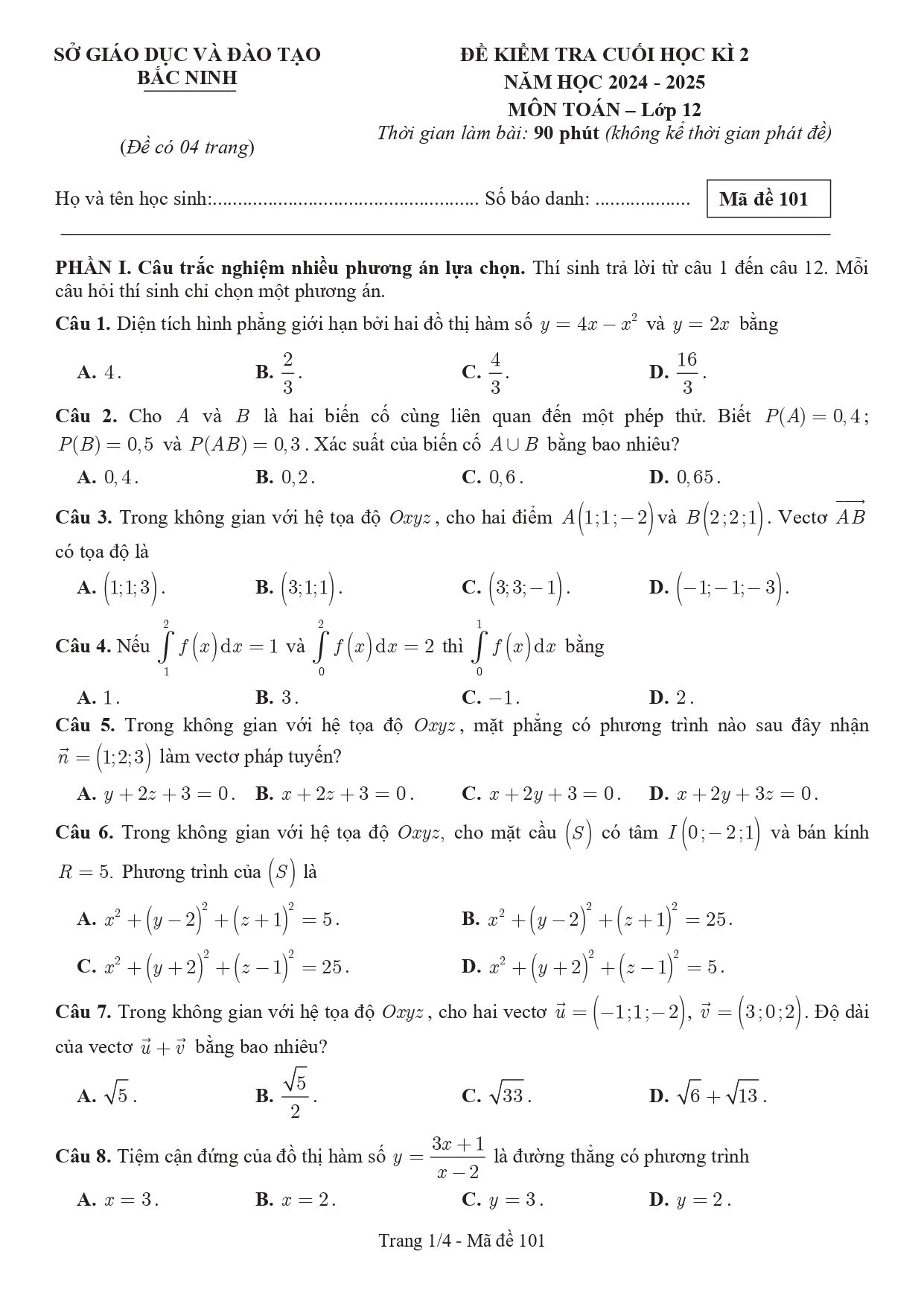 Đề thi Học kì 2 Toán 12 sở GD&ĐT Bắc Ninh năm 2024–2025