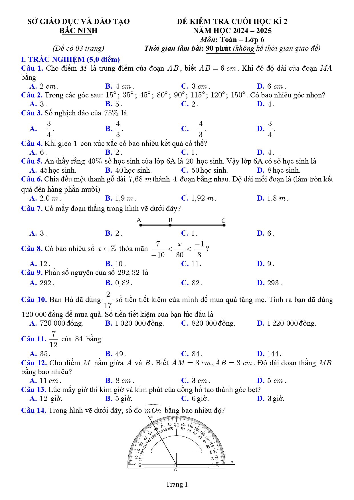 Đề thi Học kì 2 Toán 6 sở GD&ĐT Bắc Ninh năm 2024–2025