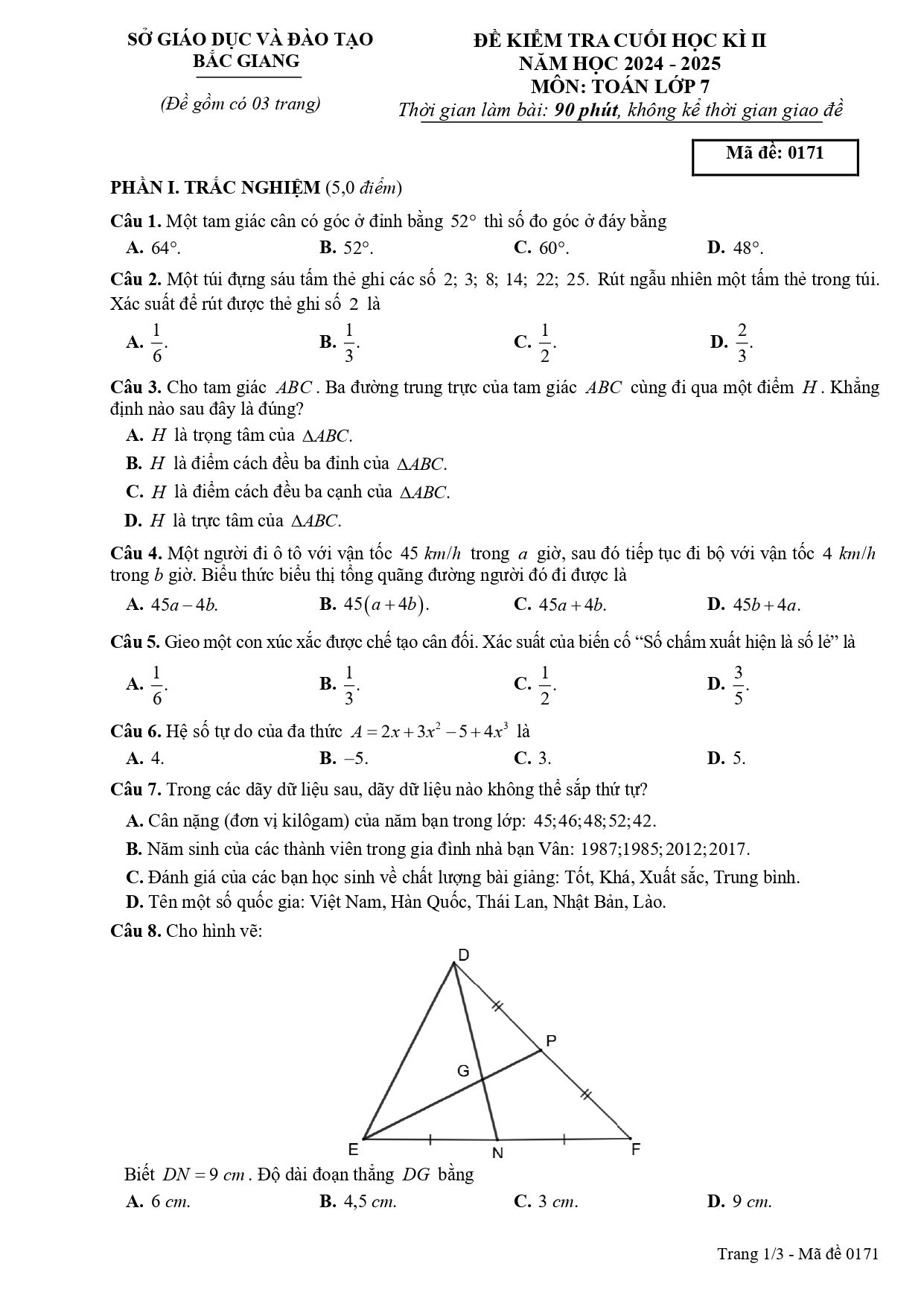 Đề thi Học kì 2 Toán 7 sở GD&ĐT Bắc Giang năm 2024–2025