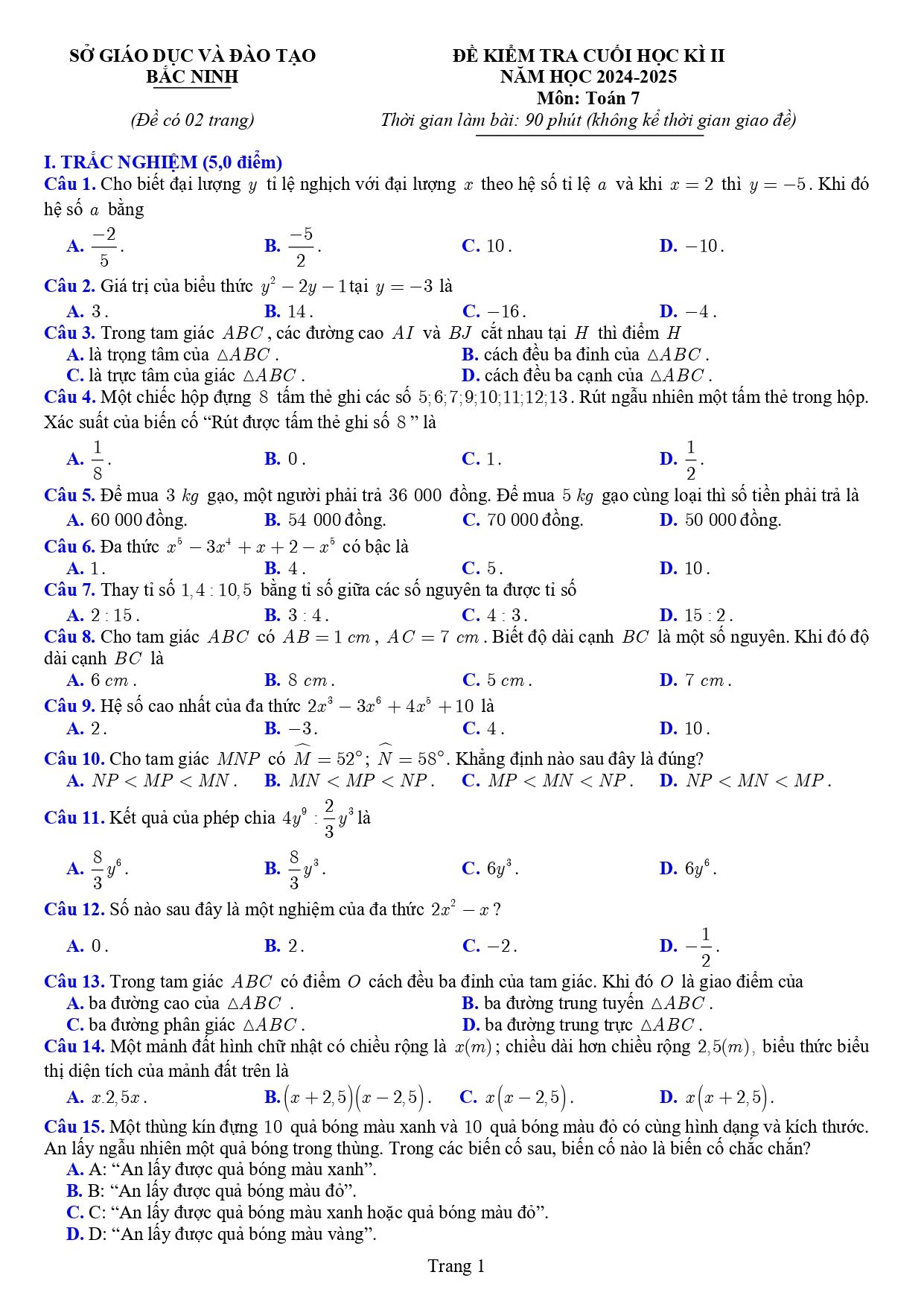 Đề thi Học kì 2 Toán 7 sở GD&ĐT Bắc Ninh năm 2024–2025