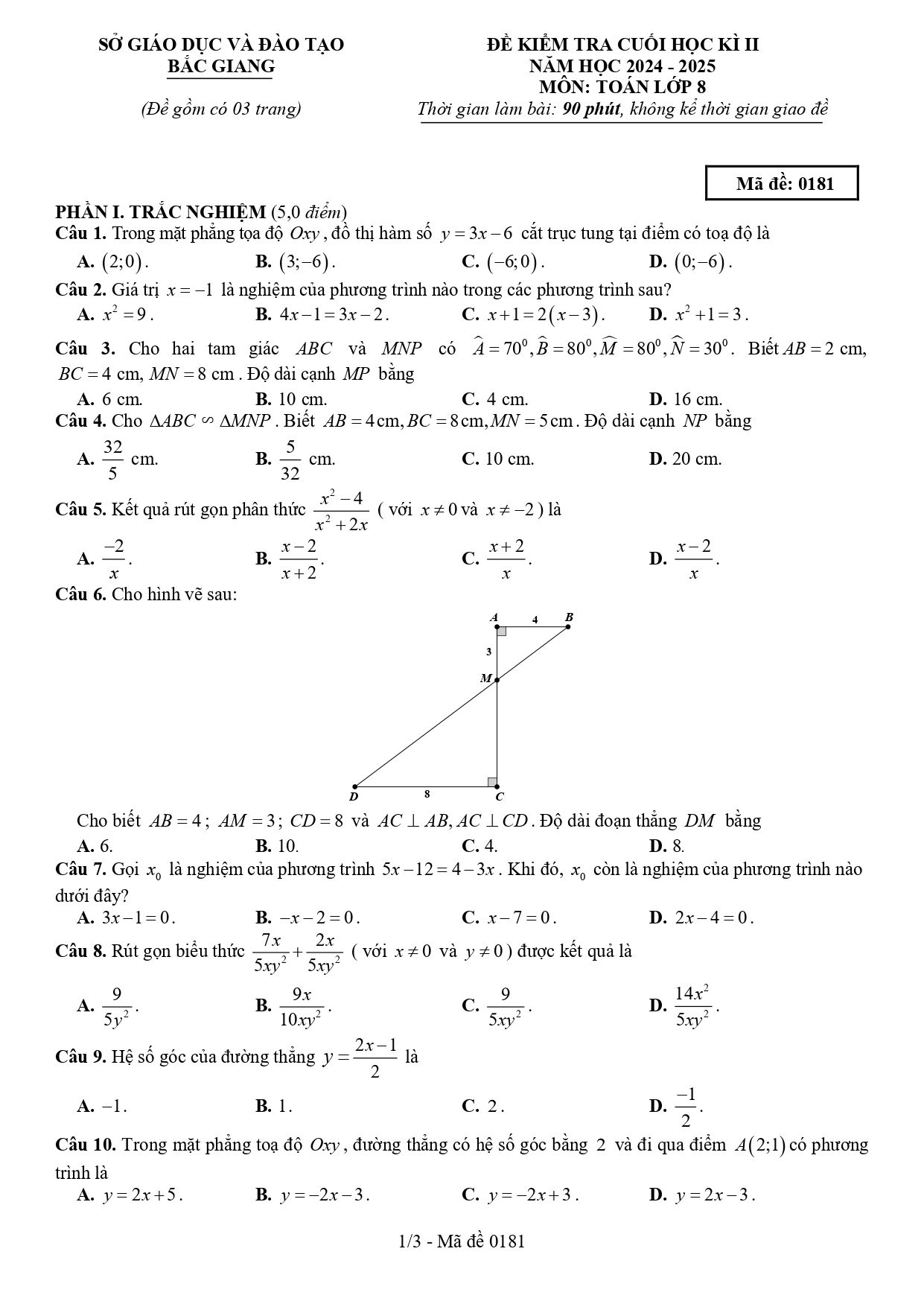 Đề thi Học kì 2 Toán 8 sở GD&ĐT Bắc Giang năm 2024–2025