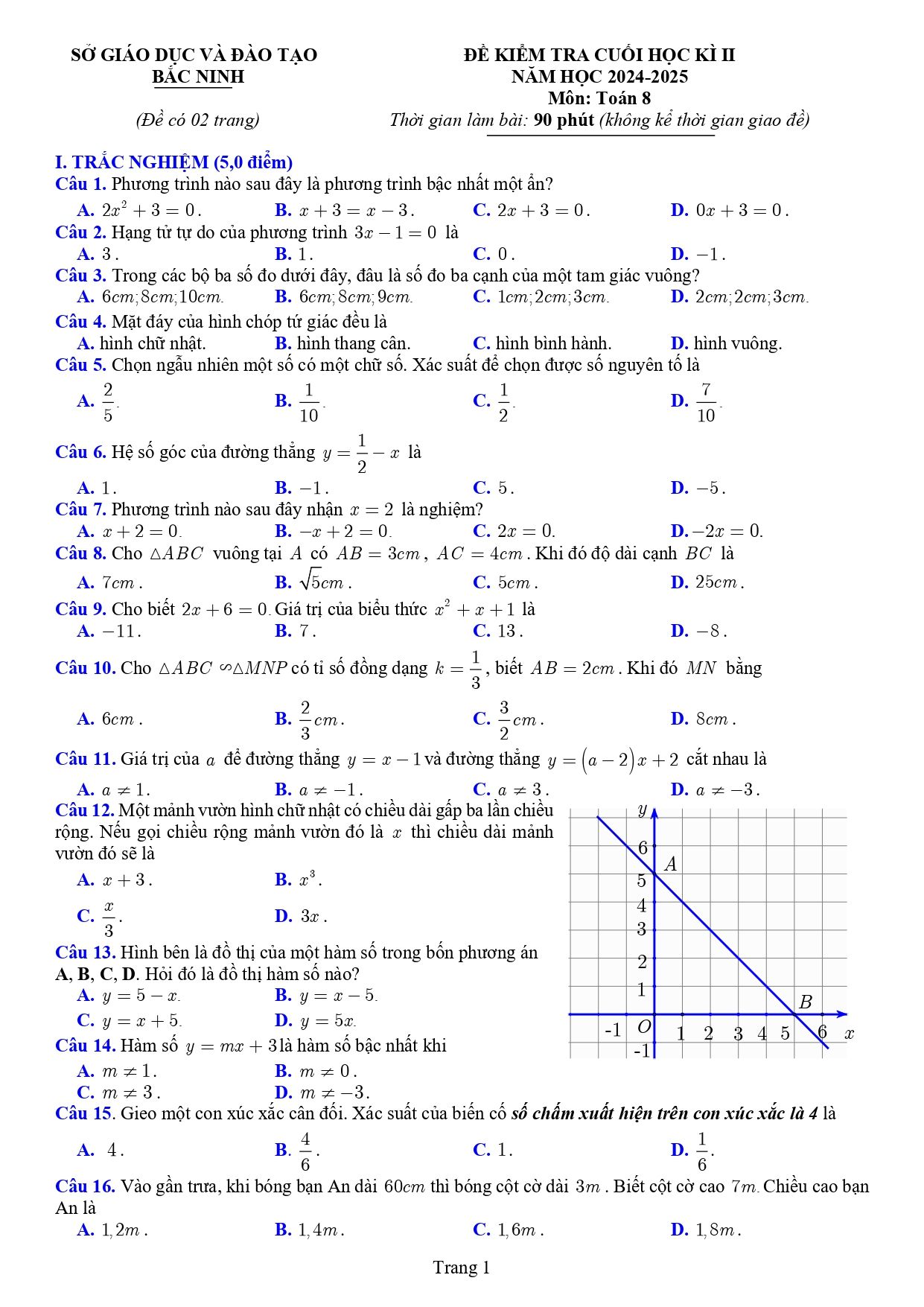 Đề thi Học kì 2 Toán 8 sở GD&ĐT Bắc Ninh năm 2024–2025