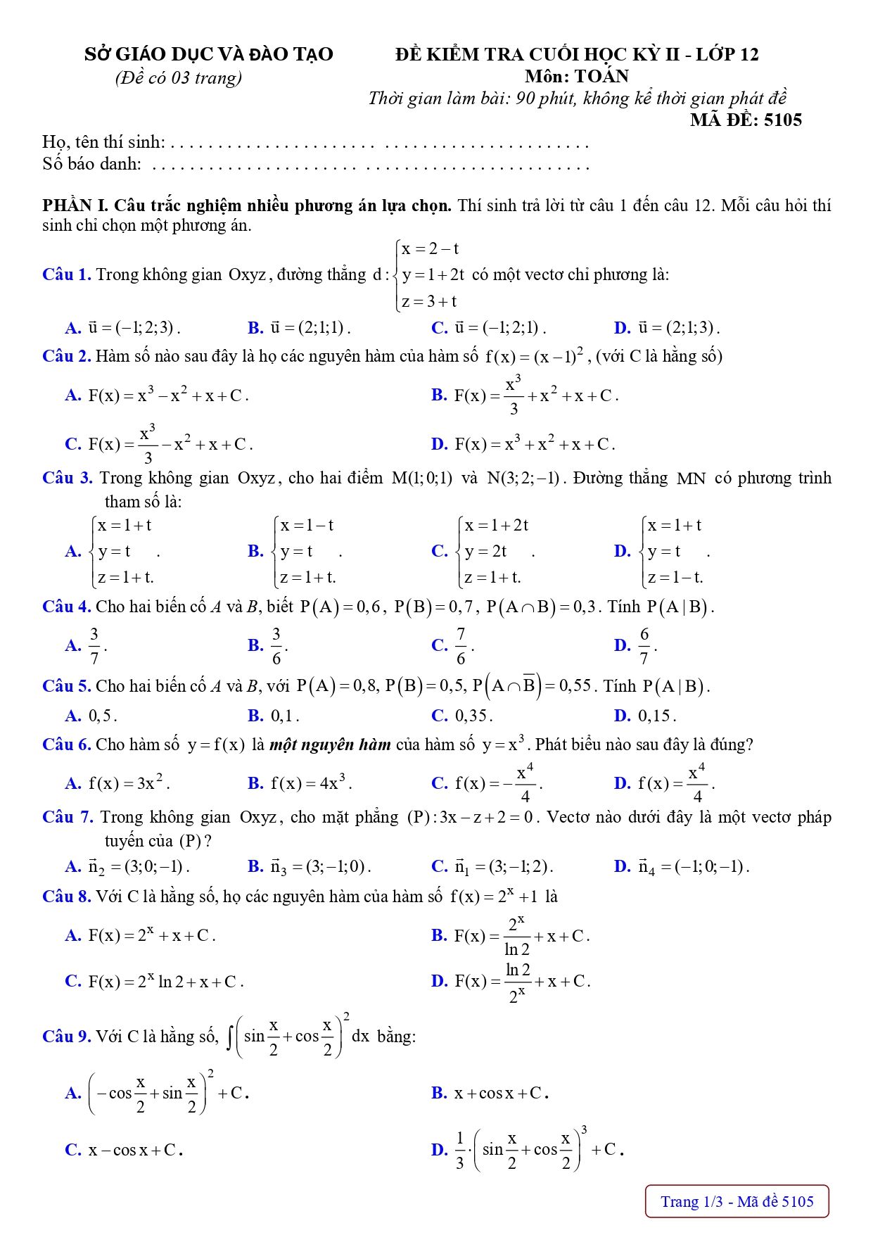 Đề thi Học kì 2 Toán 12 sở GD&ĐT Bình Dương năm 2024–2025