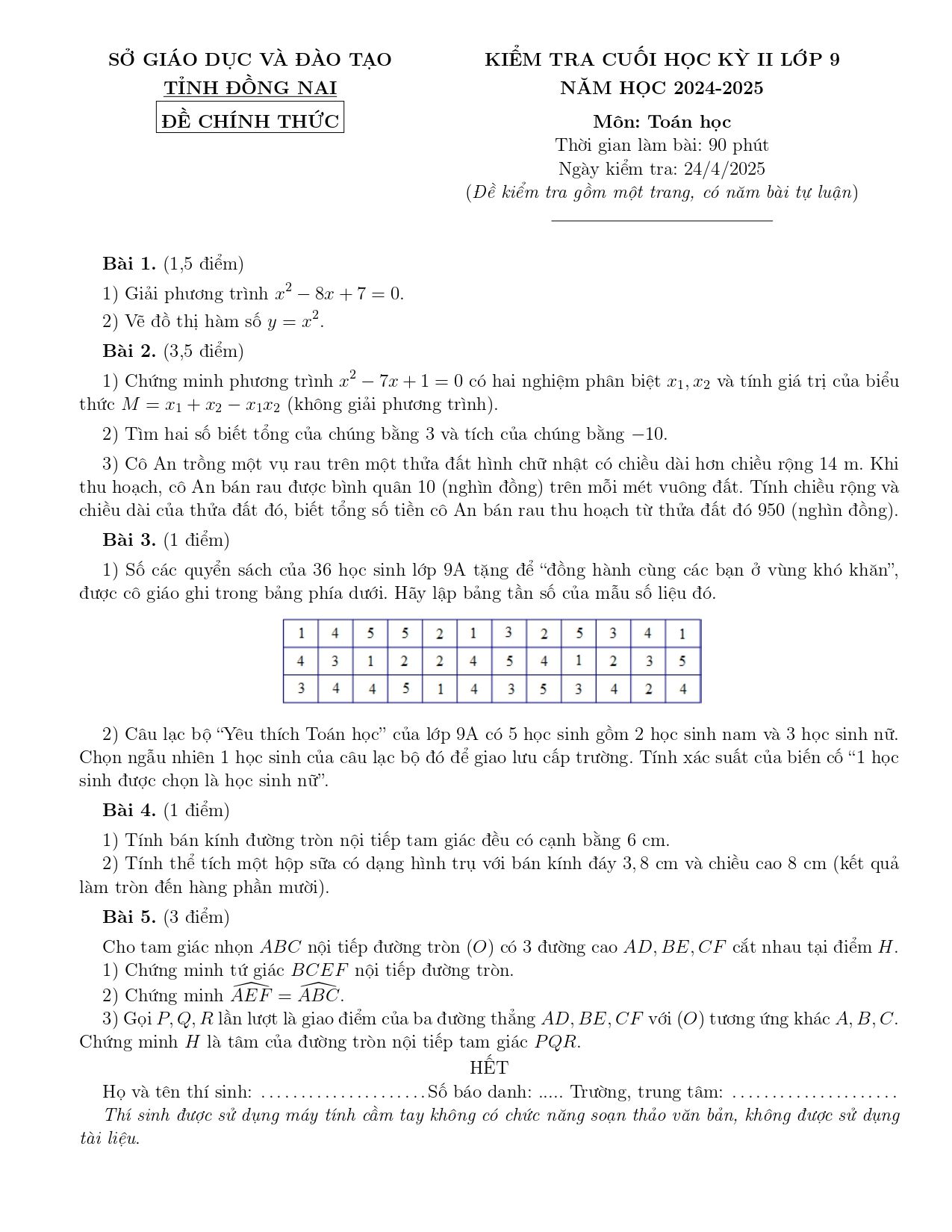 Đề thi Học kì 2 Toán 9 sở GD&ĐT Đồng Nai năm 2024–2025