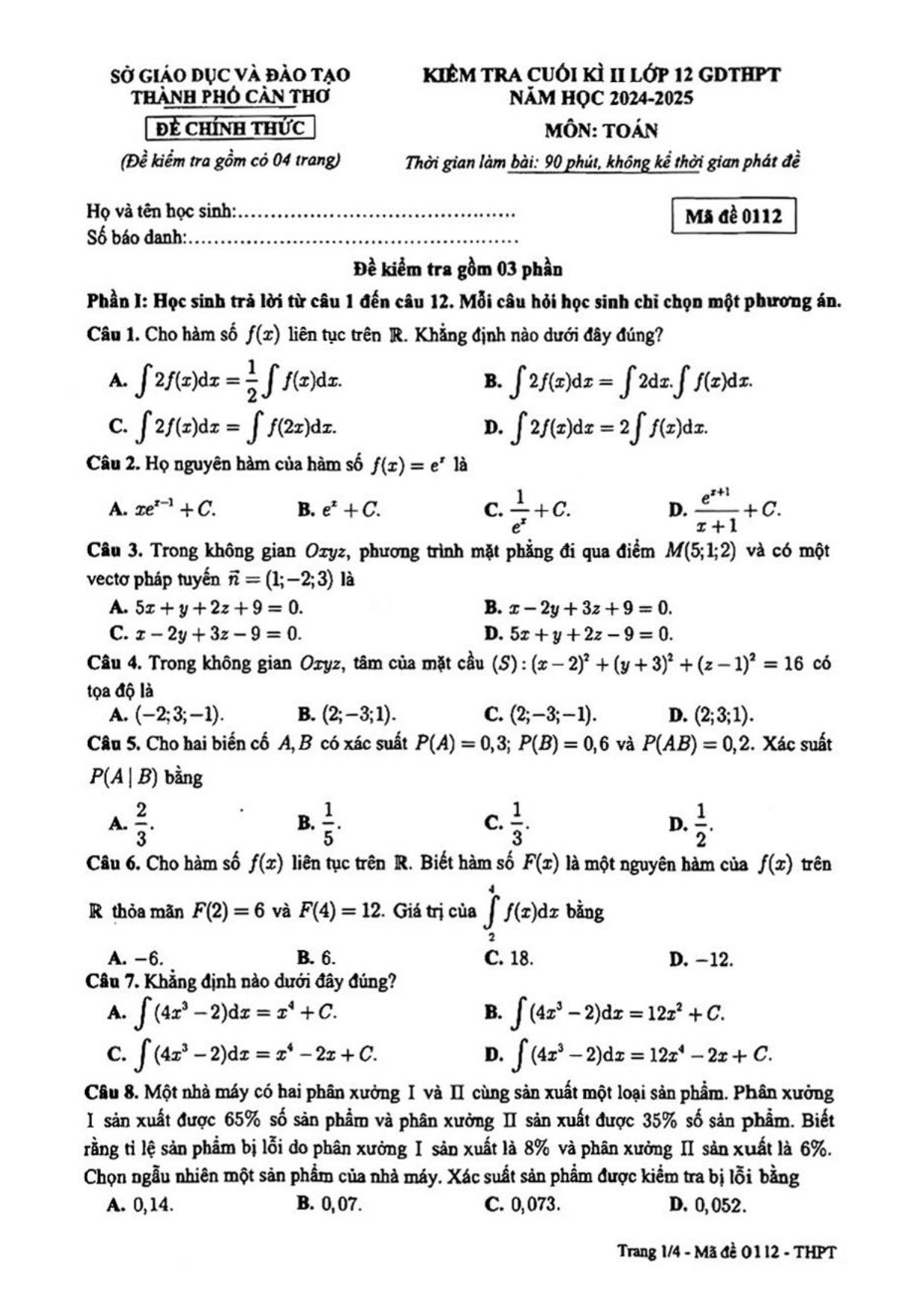 Đề thi Học kì 2 Toán 12 sở GD&ĐT Cần Thơ năm 2024–2025