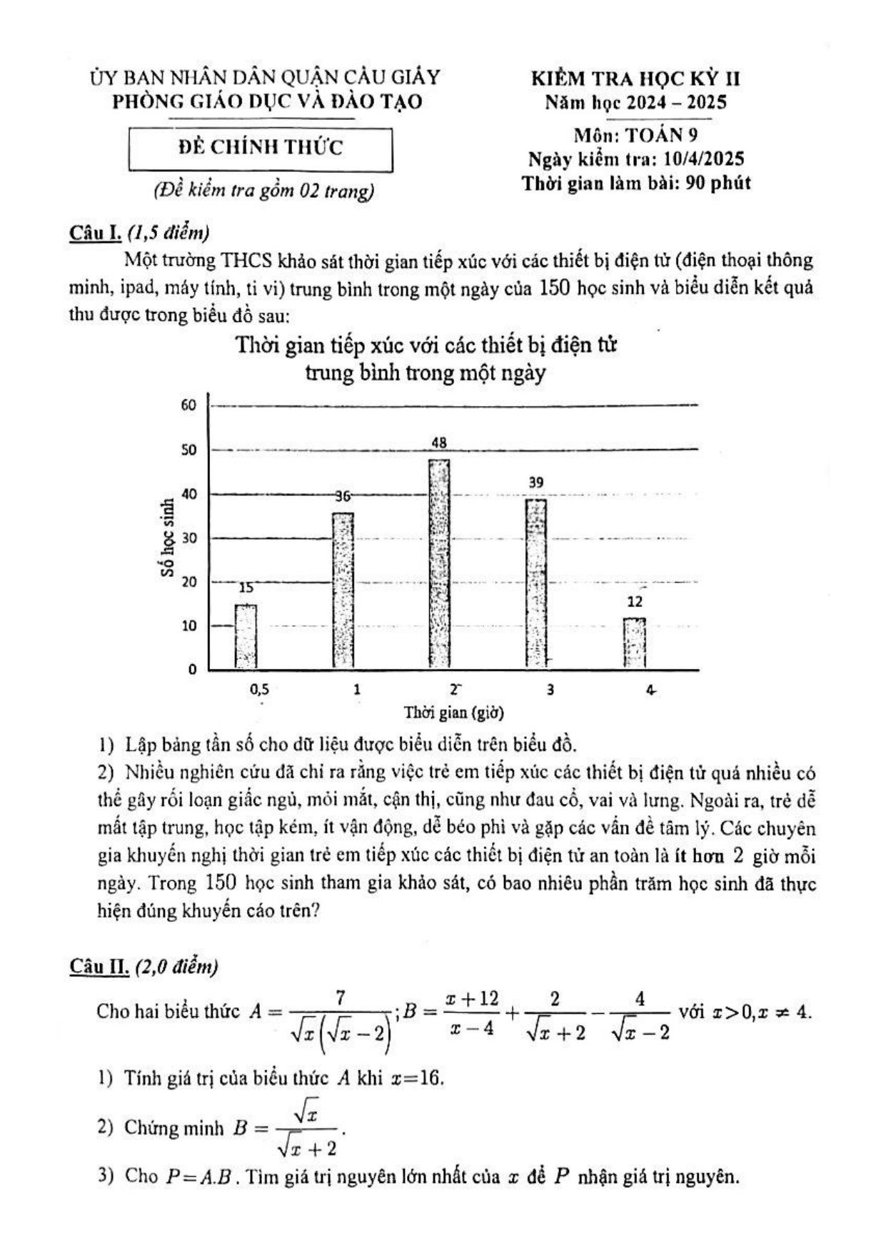 Đề thi Học kì 2 Toán 9 phòng GD&ĐT Cầu Giấy (Hà Nội) năm 2024–2025