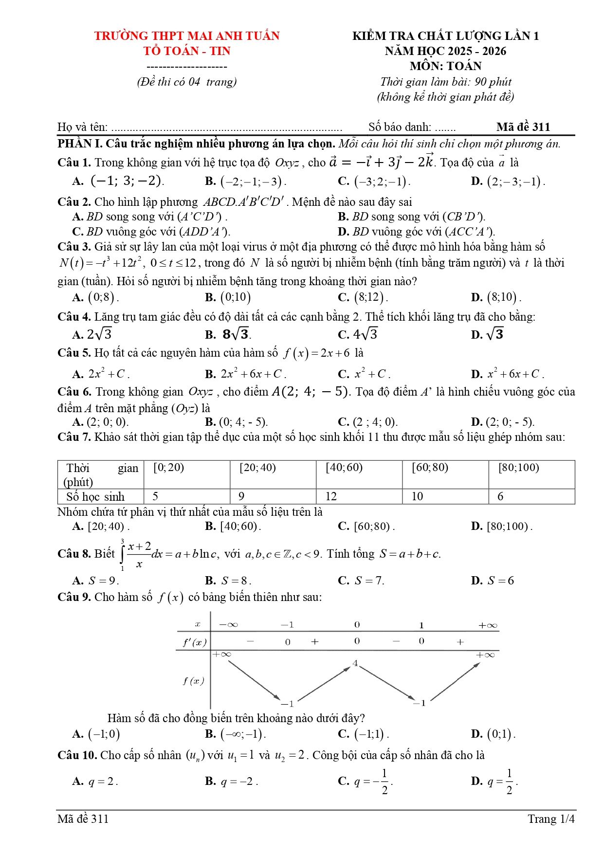 Đề thi thử Tốt nghiệp THPT Toán 2025-2026 trường THPT Mai Anh Tuấn (Thanh Hóa)