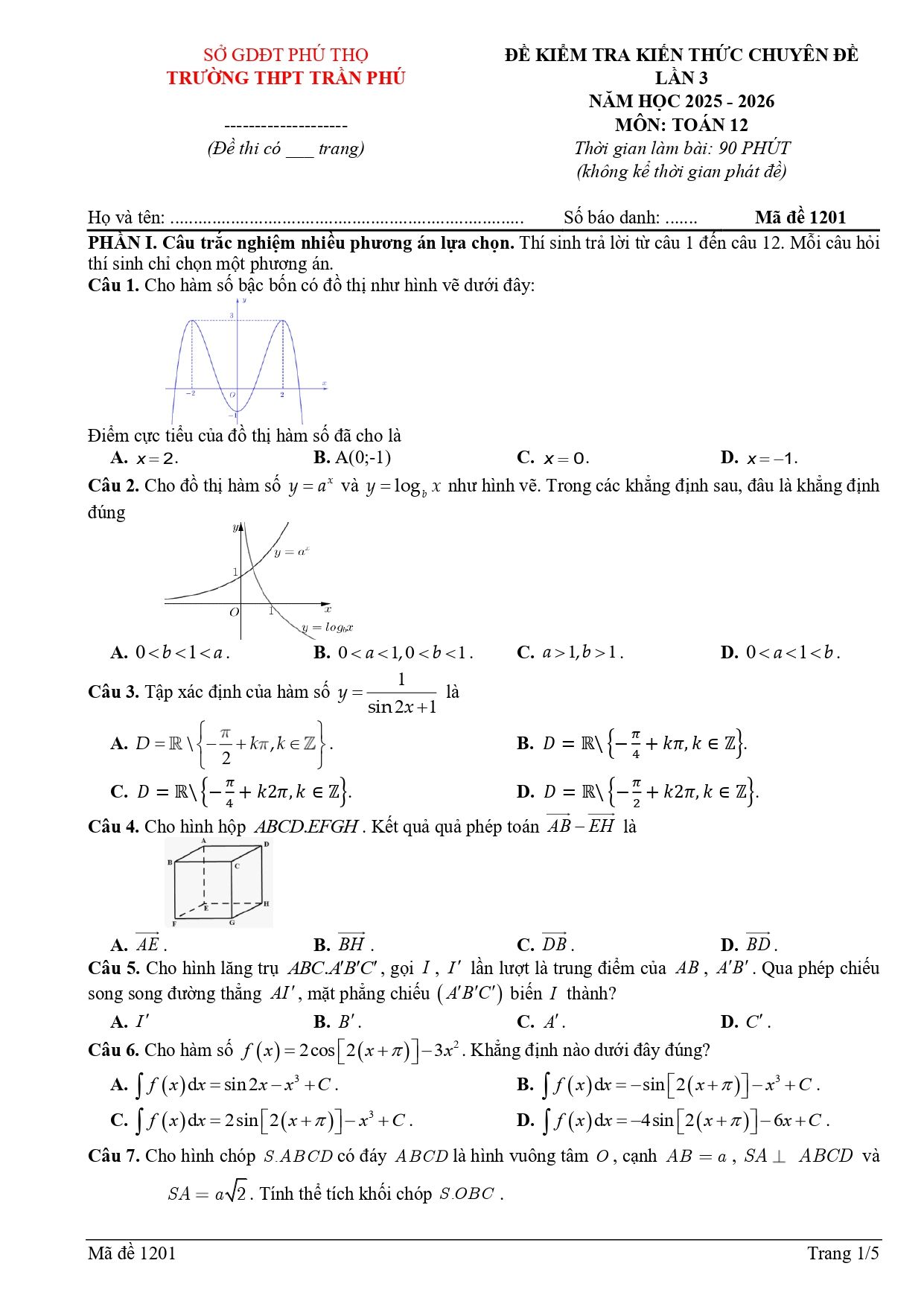 Đề thi thử Tốt nghiệp THPT Toán (lần 3) 2025-2026 trường THPT Trần Phú (Phú Thọ)