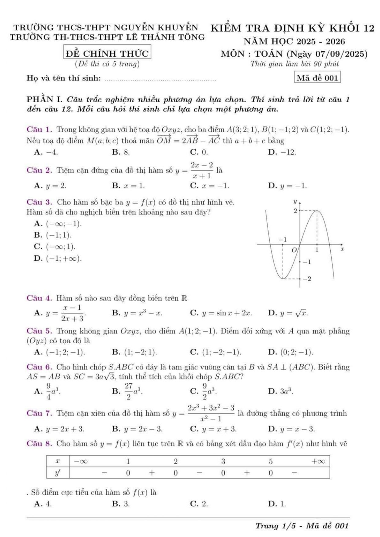 Đề thi thử Tốt nghiệp THPT Toán 2025-2026 trường Nguyễn Khuyến & Lê Thánh Tông (Hồ Chí Minh)