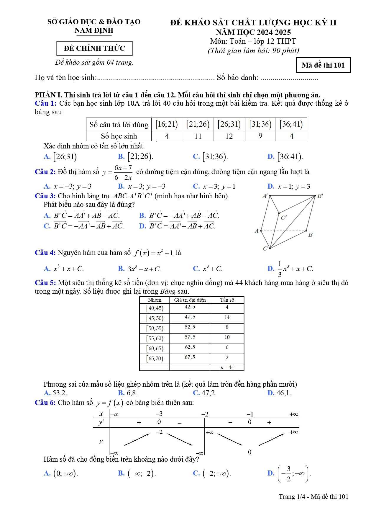 Đề thi Học kì 2 Toán 12 sở GD&ĐT Nam Định năm 2024–2025