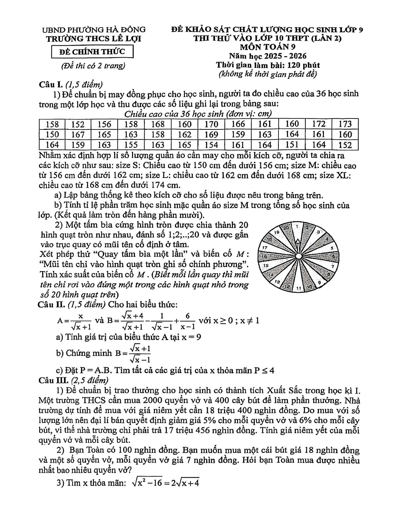 Đề thi thử Toán vào lớp 10 năm 2026-2027 trường THCS Lê Lợi (Hà Nội)