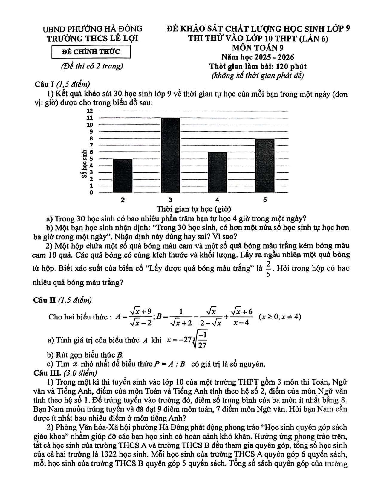 Đề thi thử Toán vào lớp 10 (lần 6) năm 2026-2027 trường THCS Lê Lợi (Hà Nội)