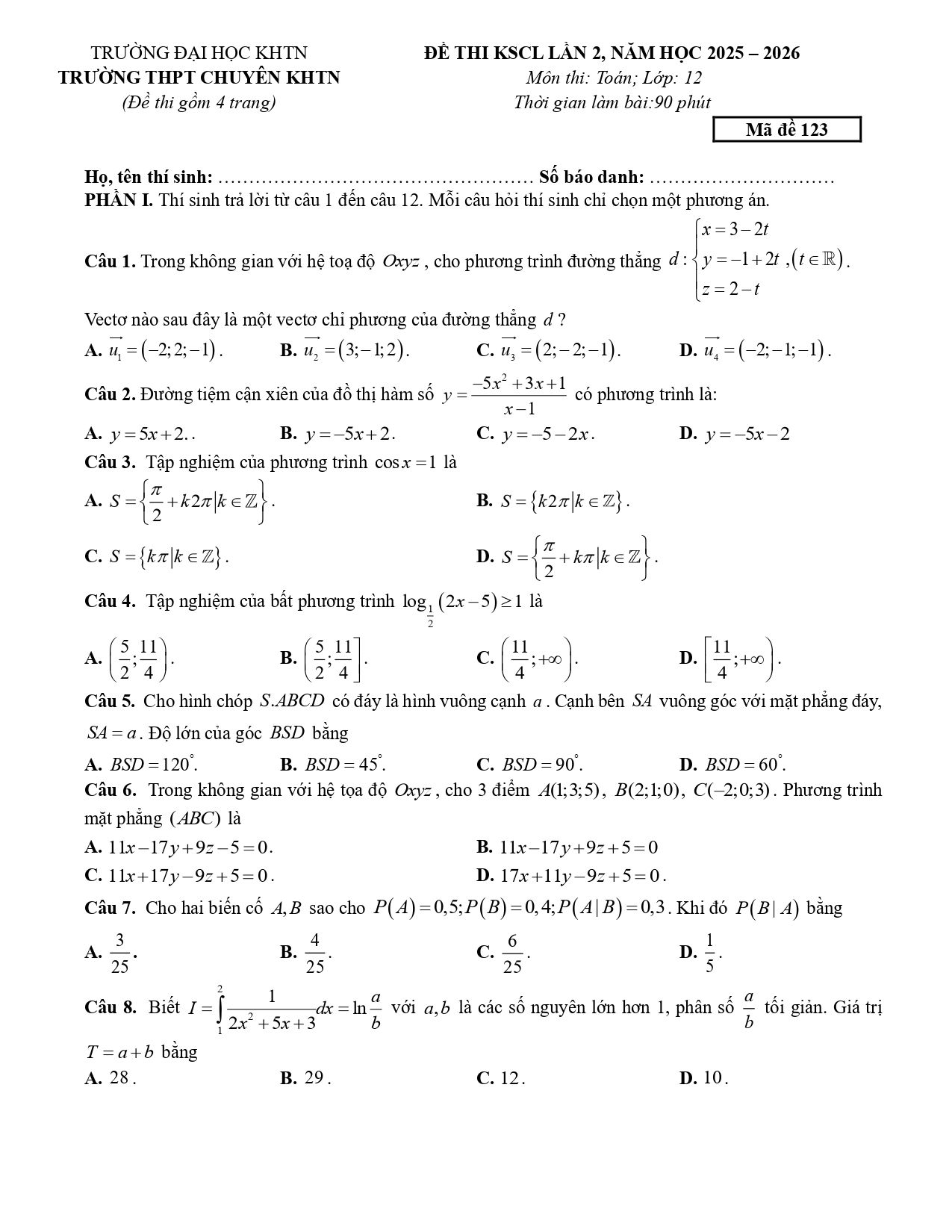 Đề thi thử Tốt nghiệp THPT Toán (lần 2) 2025-2026 trường THPT chuyên KHTN (Hà Nội)