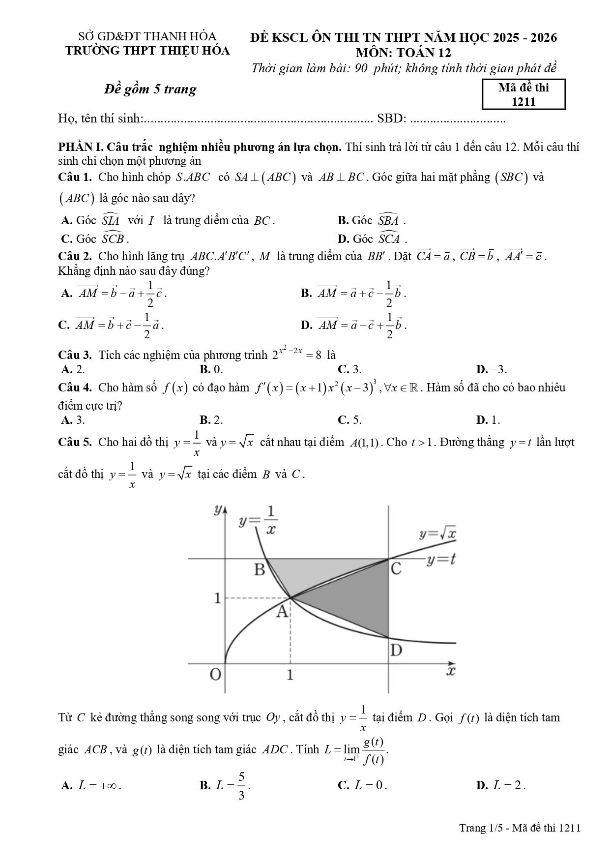Đề thi thử Tốt nghiệp THPT Toán 2025-2026 trường THPT Thiệu Hóa (Thanh Hóa)