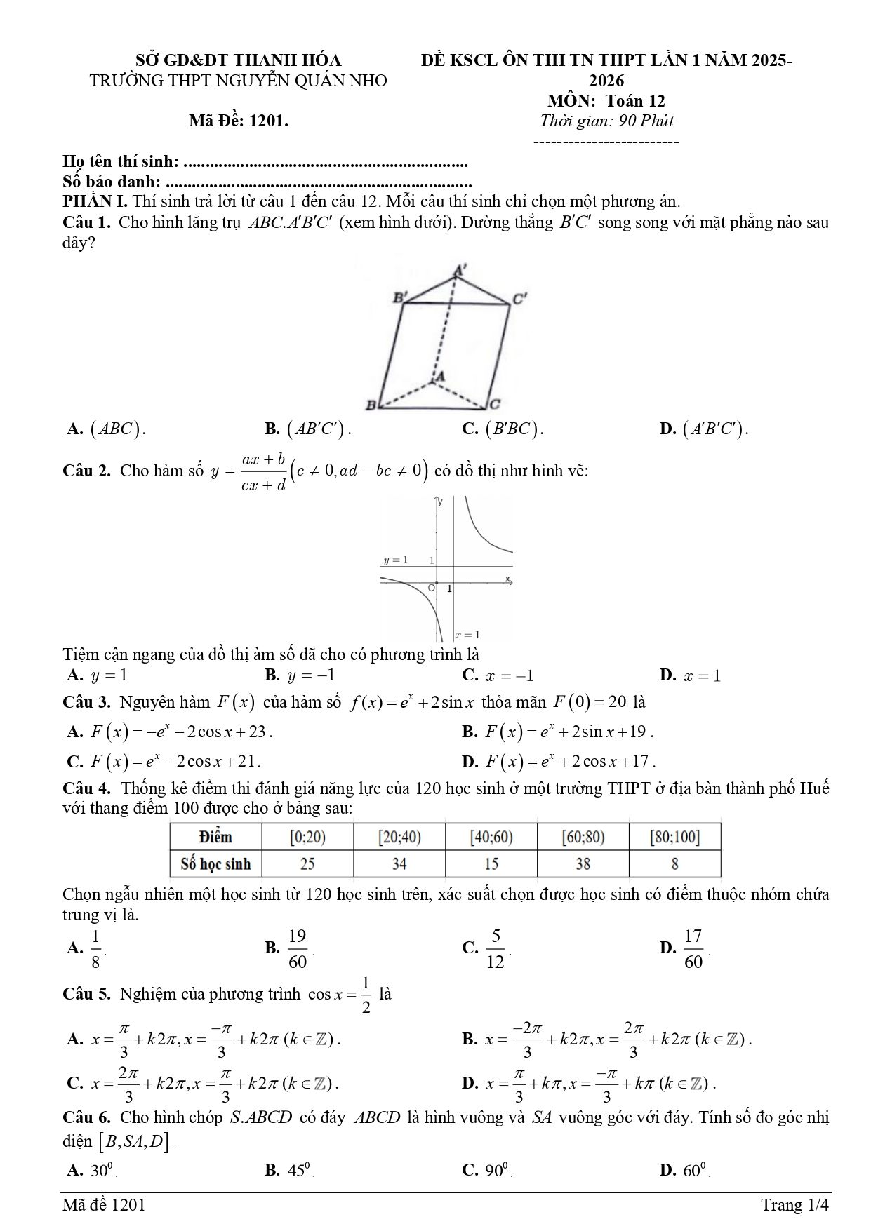 Đề thi thử Tốt nghiệp THPT Toán 2025-2026 trường THPT Nguyễn Quán Nho (Thanh Hóa)