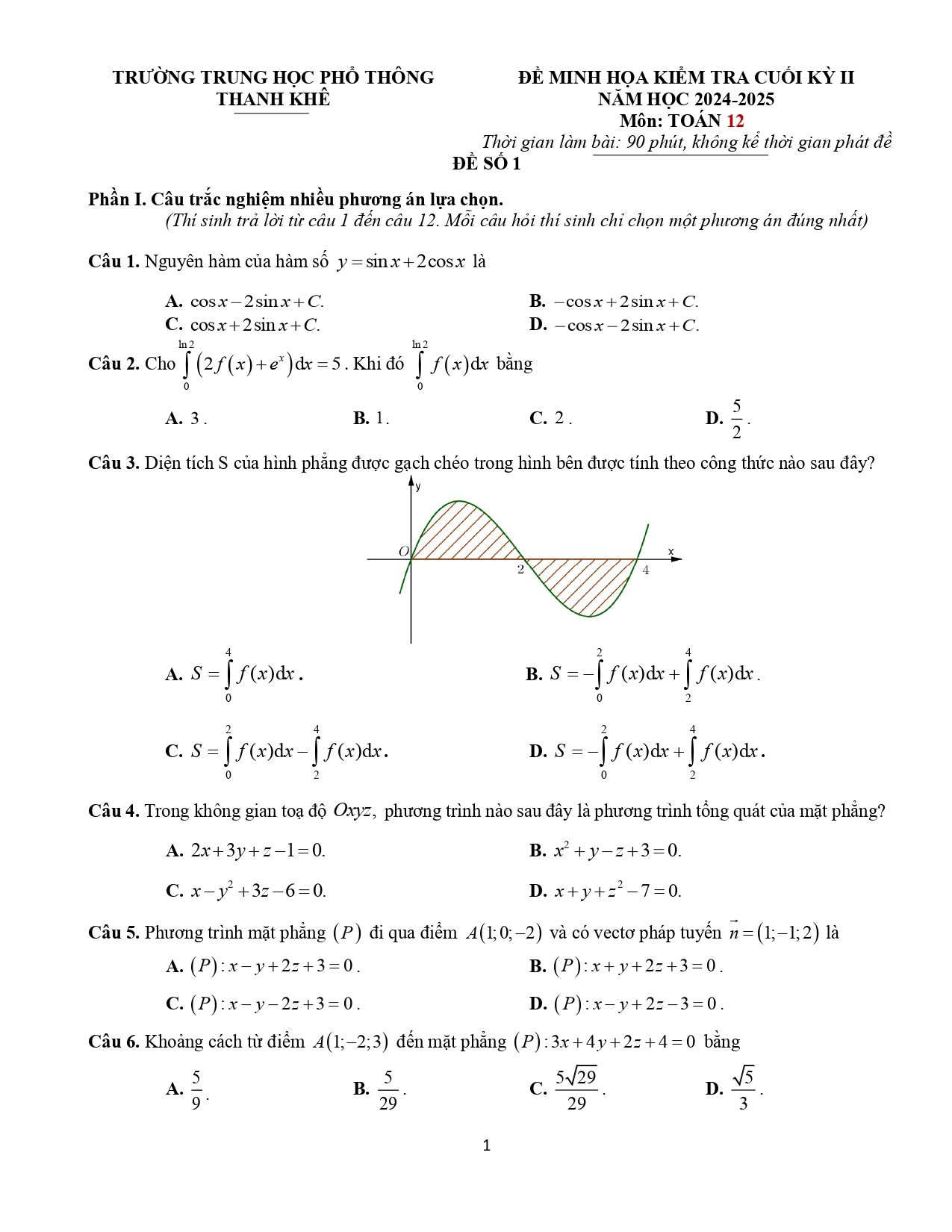 Đề thi Học kì 2 Toán 12 trường THPT Thanh Khê (Đà Nẵng) năm 2024–2025