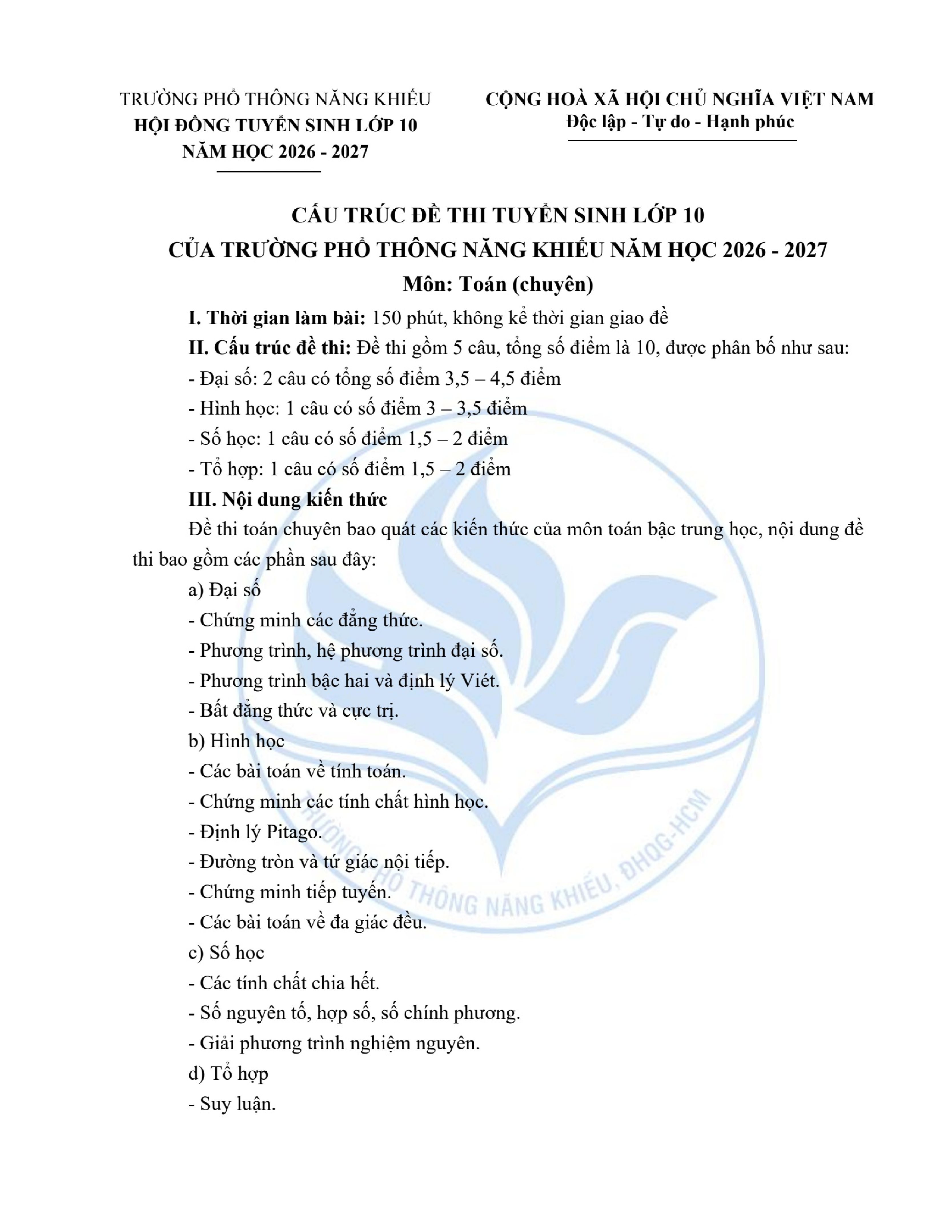 Đề thi thử Toán vào lớp 10 (chuyên) năm 2026-2027 trường PTNK (TP Hồ Chí Minh)