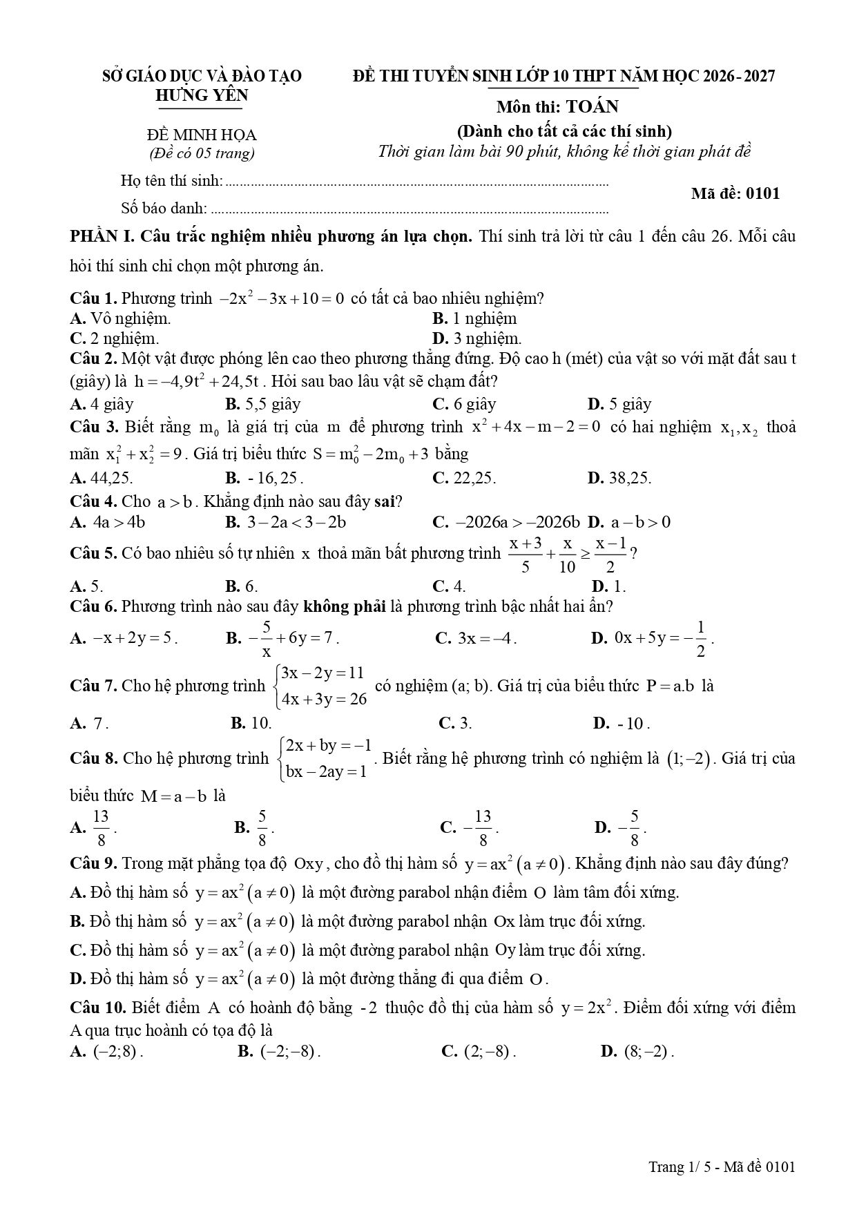 Đề thi thử Toán vào lớp 10 năm 2026-2027 sở GD&ĐT Hưng Yên