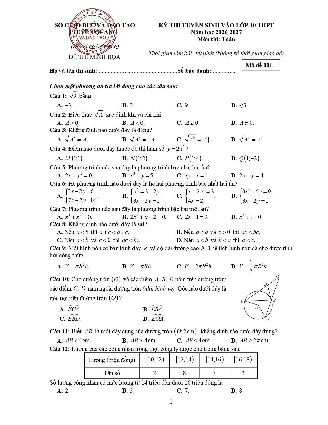Đề thi thử Toán vào lớp 10 năm 2026-2027 sở GD&ĐT Tuyên Quang