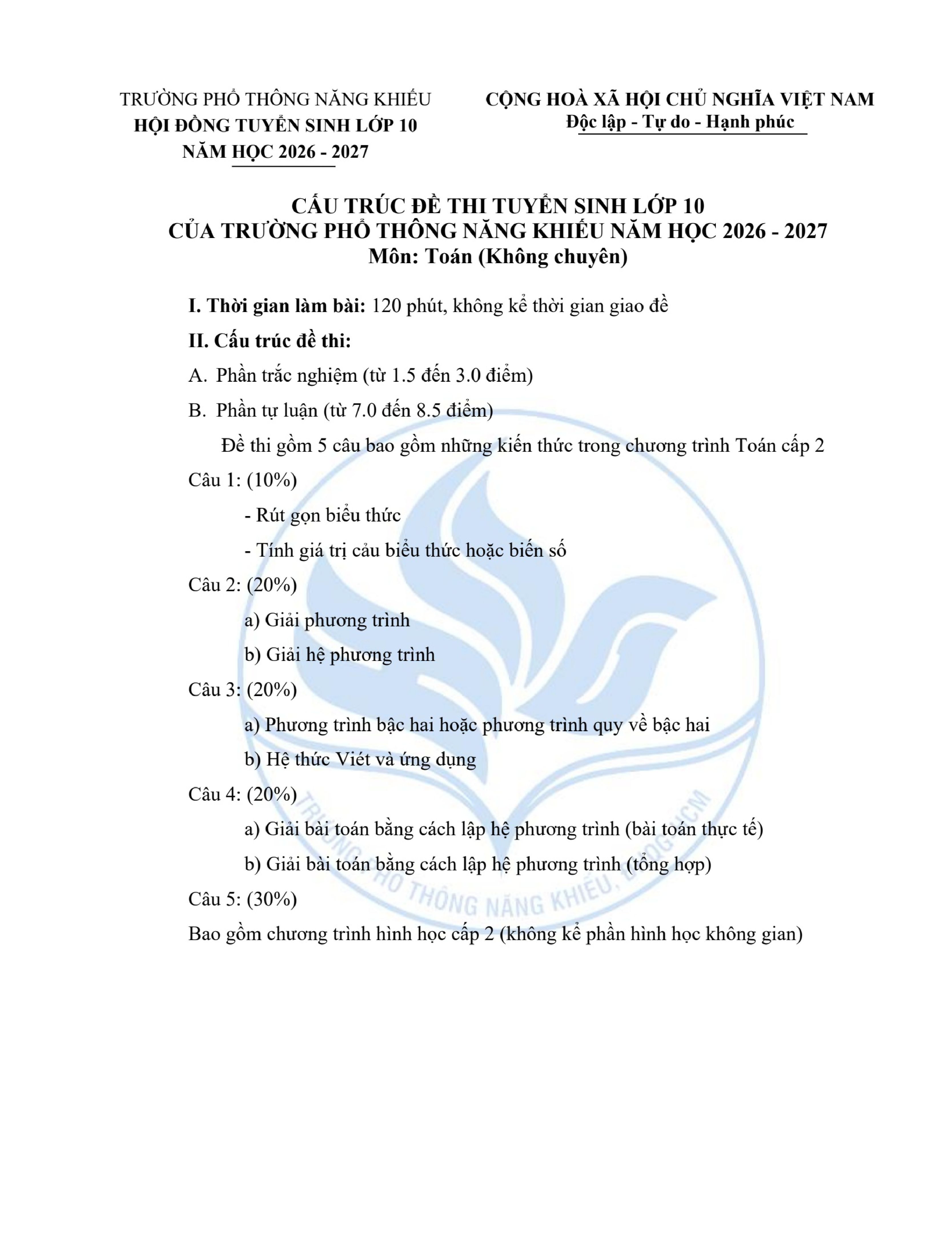 Đề thi thử Toán vào lớp 10 năm 2026-2027 trường PTNK (TP Hồ Chí Minh)