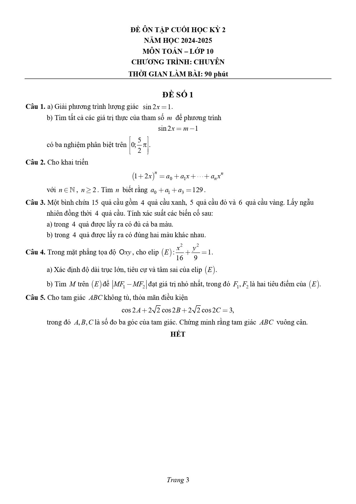 Đề thi Học kì 2 Toán 10 trường chuyên Lương Văn Chánh (Phú Yên) năm 2024–2025