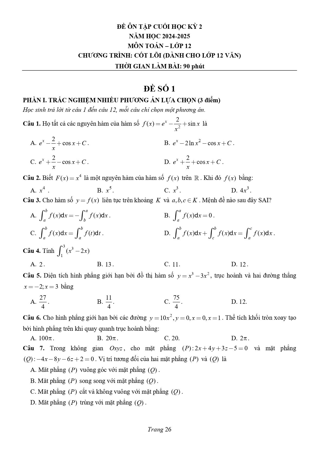 Đề thi Học kì 2 Toán 12 trường chuyên Lương Văn Chánh (Phú Yên) năm 2024–2025