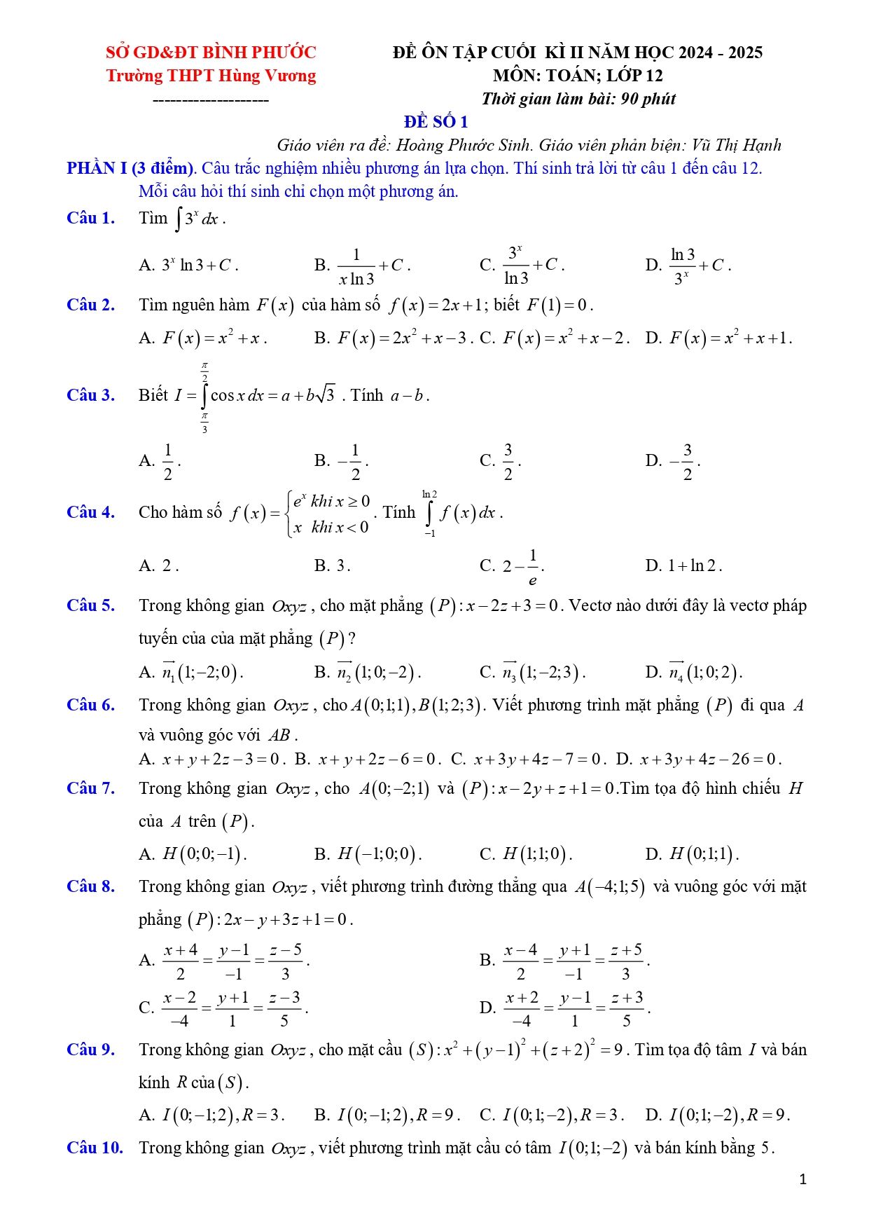 Đề thi Học kì 2 Toán 12 trường THPT Hùng Vương (Bình Phước) năm 2024–2025