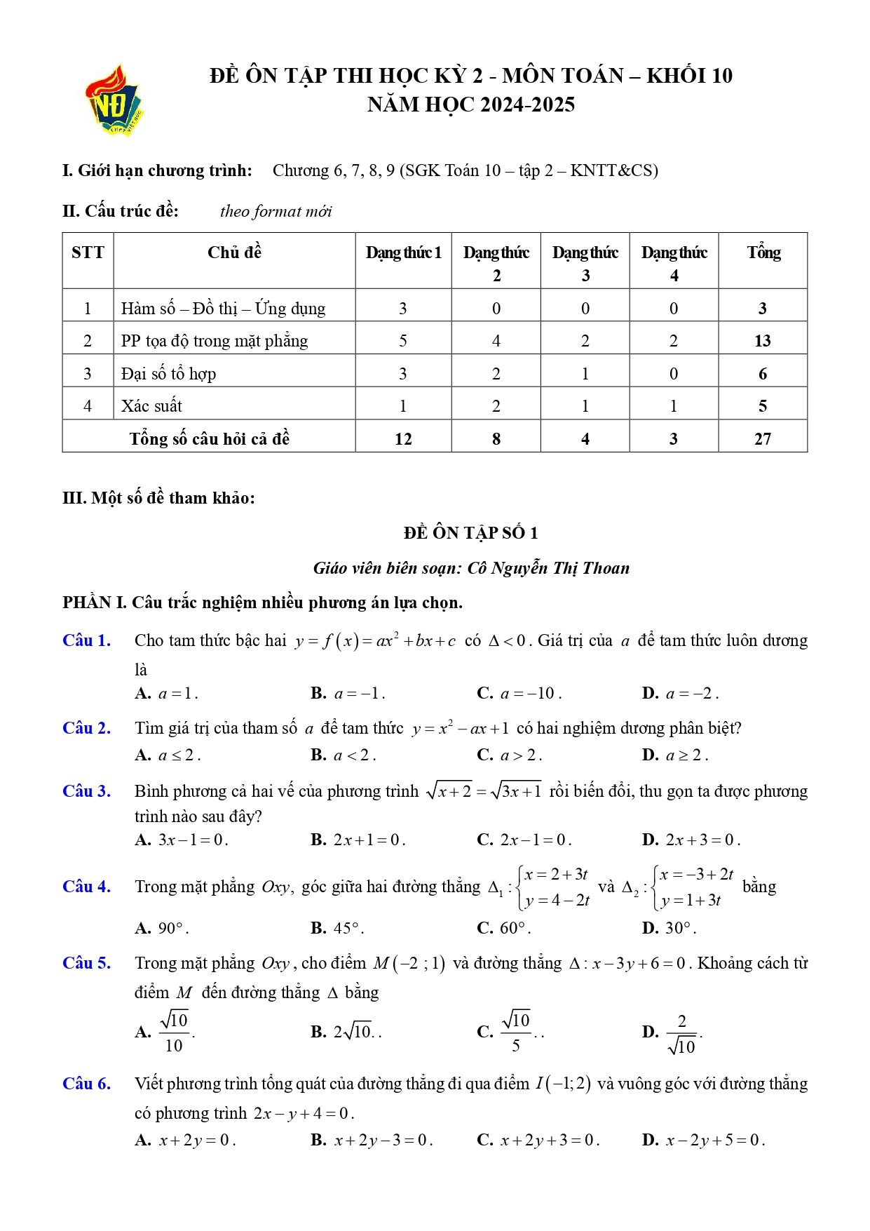 Đề thi Học kì 2 Toán 10 trường THPT Việt Đức (Hà Nội) năm 2024–2025