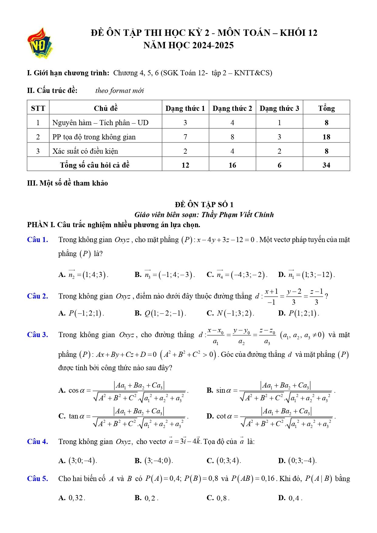 Đề thi Học kì 2 Toán 12 trường THPT Việt Đức (Hà Nội) năm 2024–2025