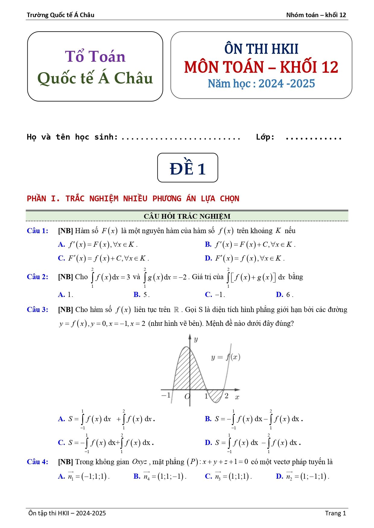 Đề thi Học kì 2 Toán 12 trường Quốc tế Á Châu (Hồ Chí Minh) năm 2024–2025