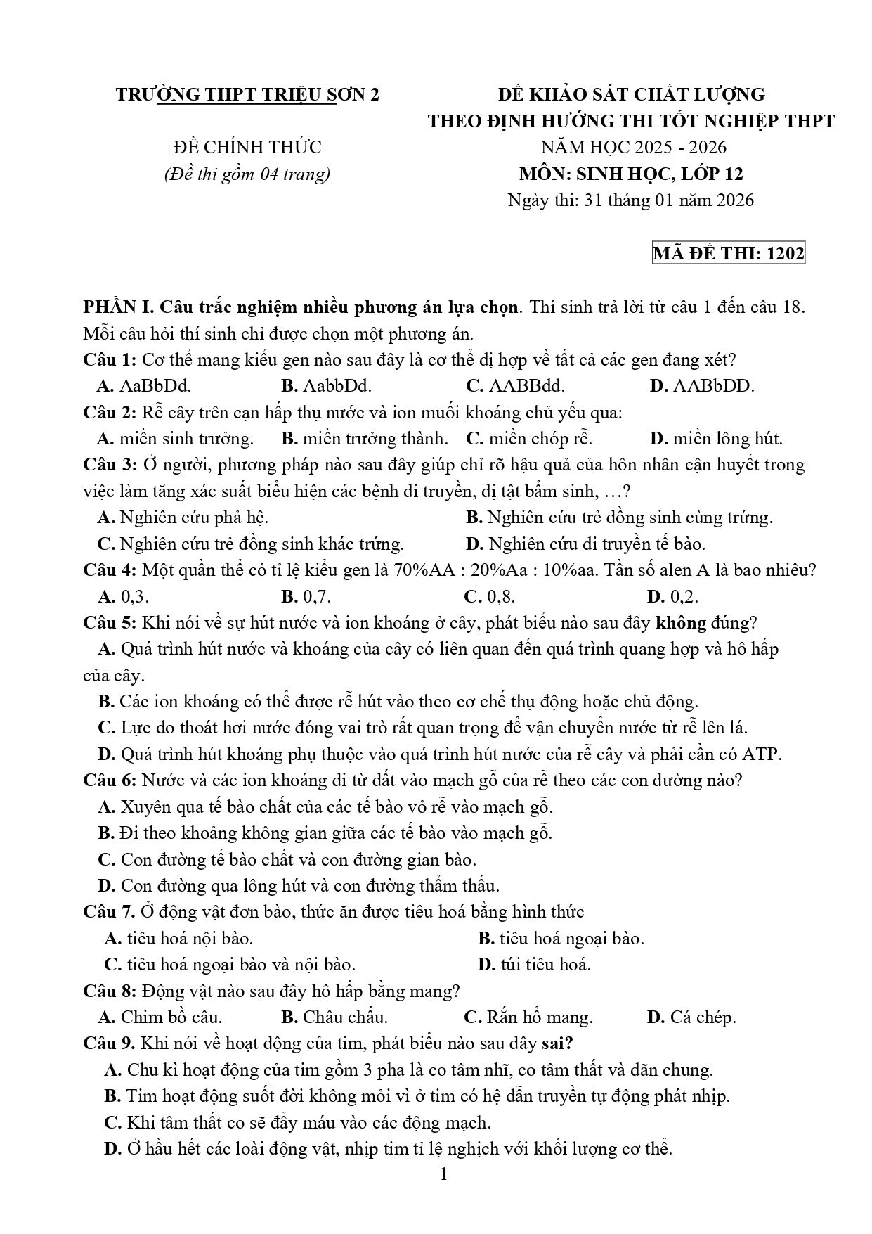 Đề thi thử Tốt nghiệp THPT Sinh học 2025 - 2026 trường THPT Triệu Sơn 2 (Thanh Hóa)
