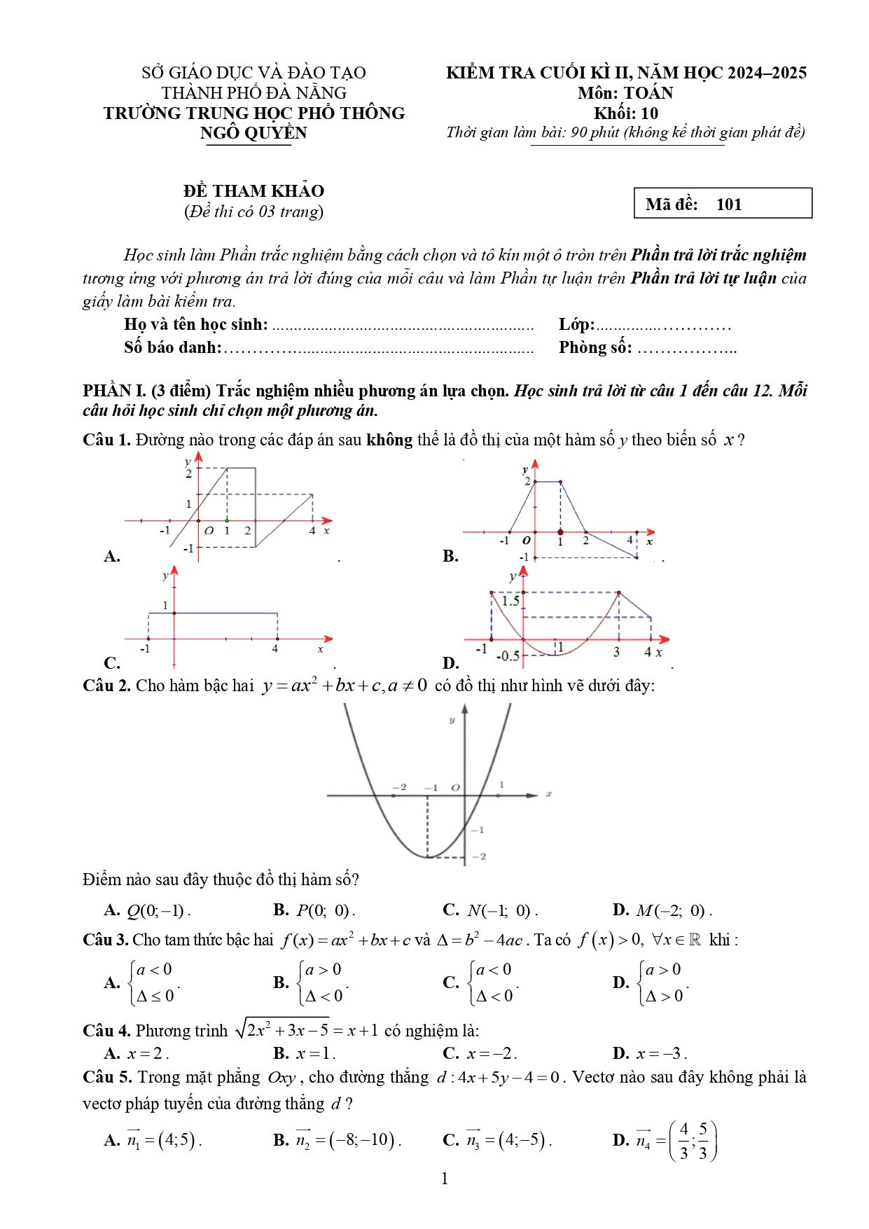 Đề thi Học kì 2 Toán 10 trường THPT Ngô Quyền (Đà Nẵng) năm 2024–2025