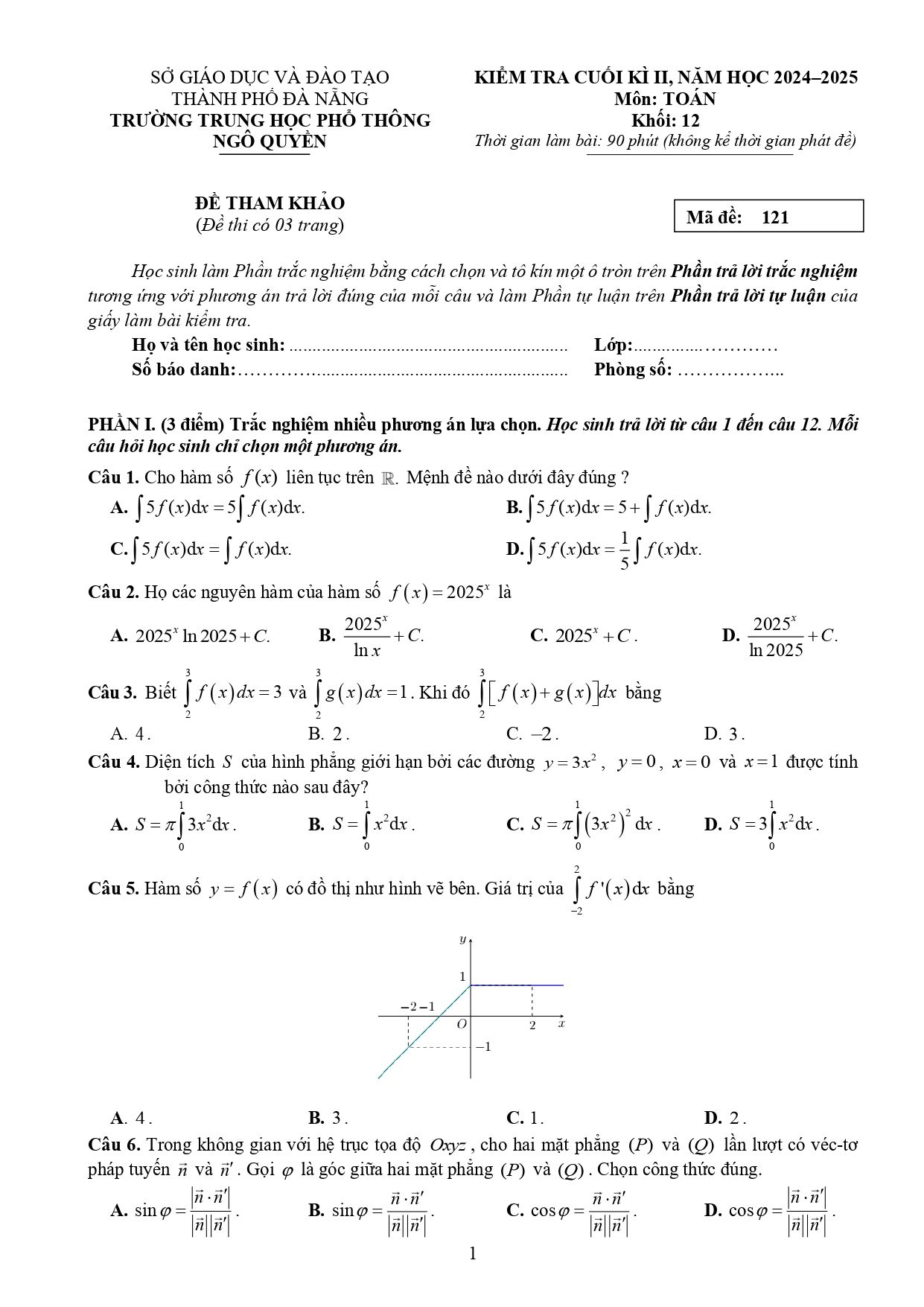 Đề thi Học kì 2 Toán 12 trường THPT Ngô Quyền (Đà Nẵng) năm 2024–2025