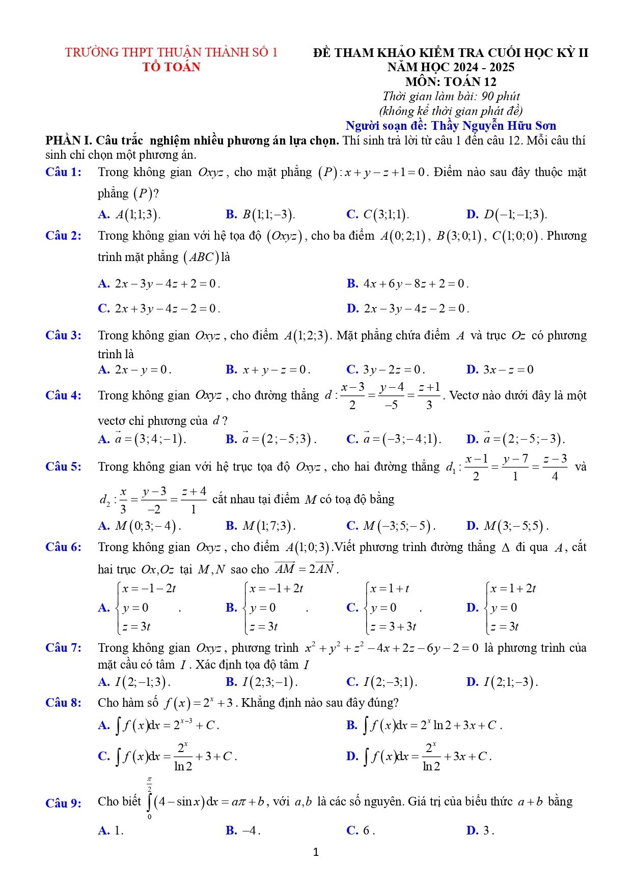 Đề thi Học kì 2 Toán 12 trường THPT Thuận Thành 1 (Bắc Ninh) năm 2024–2025
