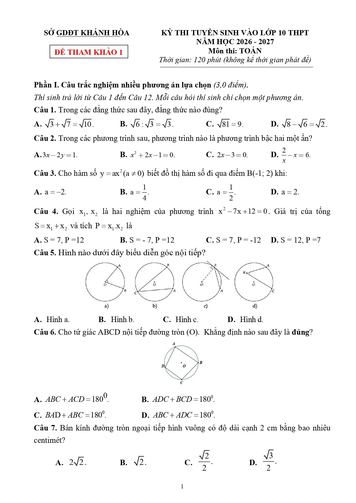 Đề thi thử Toán vào lớp 10 năm 2026-2027 sở GD&ĐT Khánh Hòa