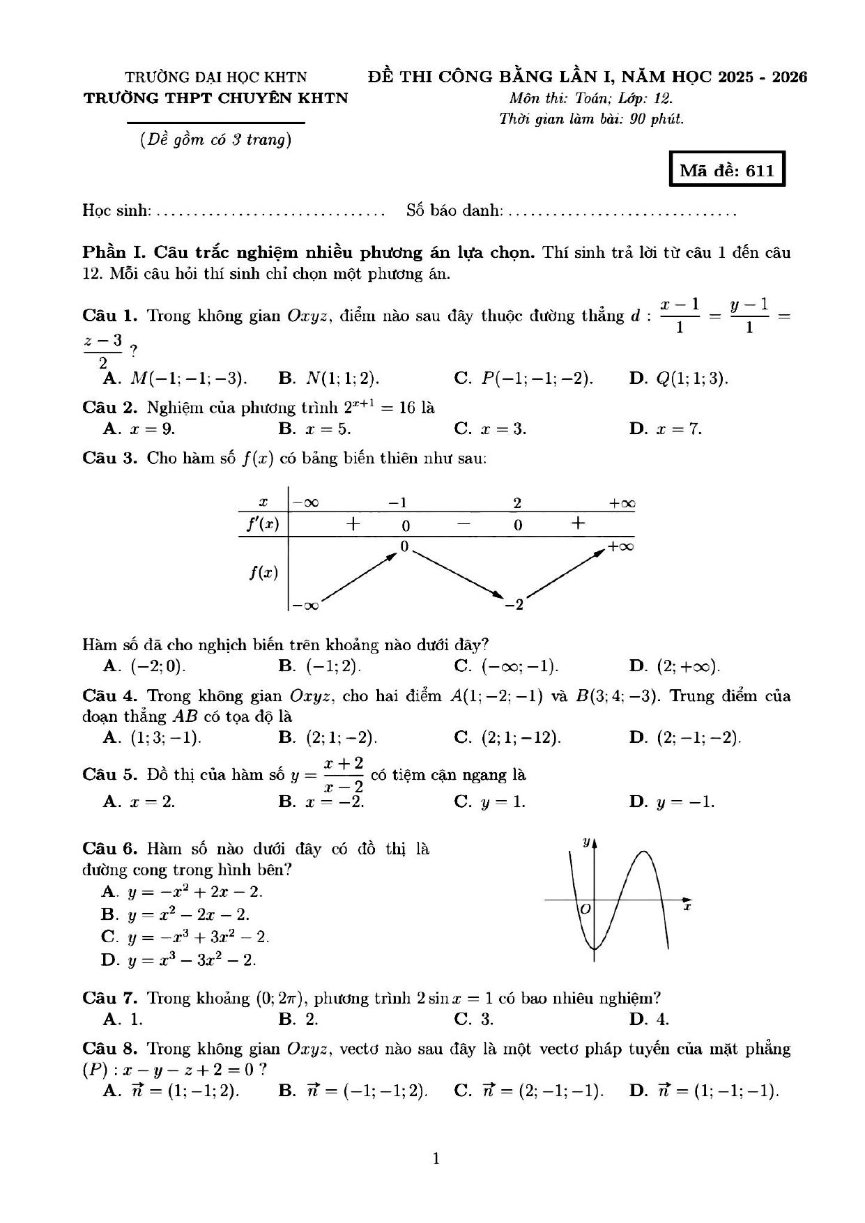 Đề thi thử Tốt nghiệp THPT Toán 2025-2026 trường THPT chuyên KHTN (Hà Nội)