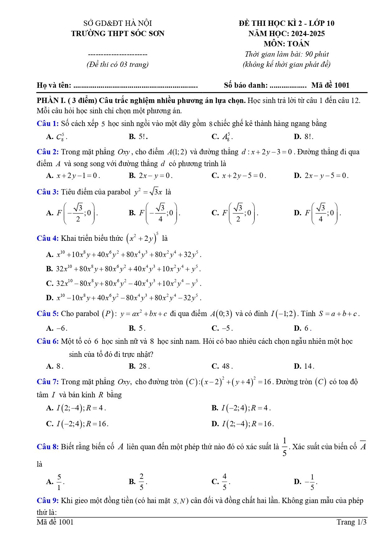 Đề thi Học kì 2 Toán 10 trường THPT Sóc Sơn (Hà Nội) năm 2024–2025