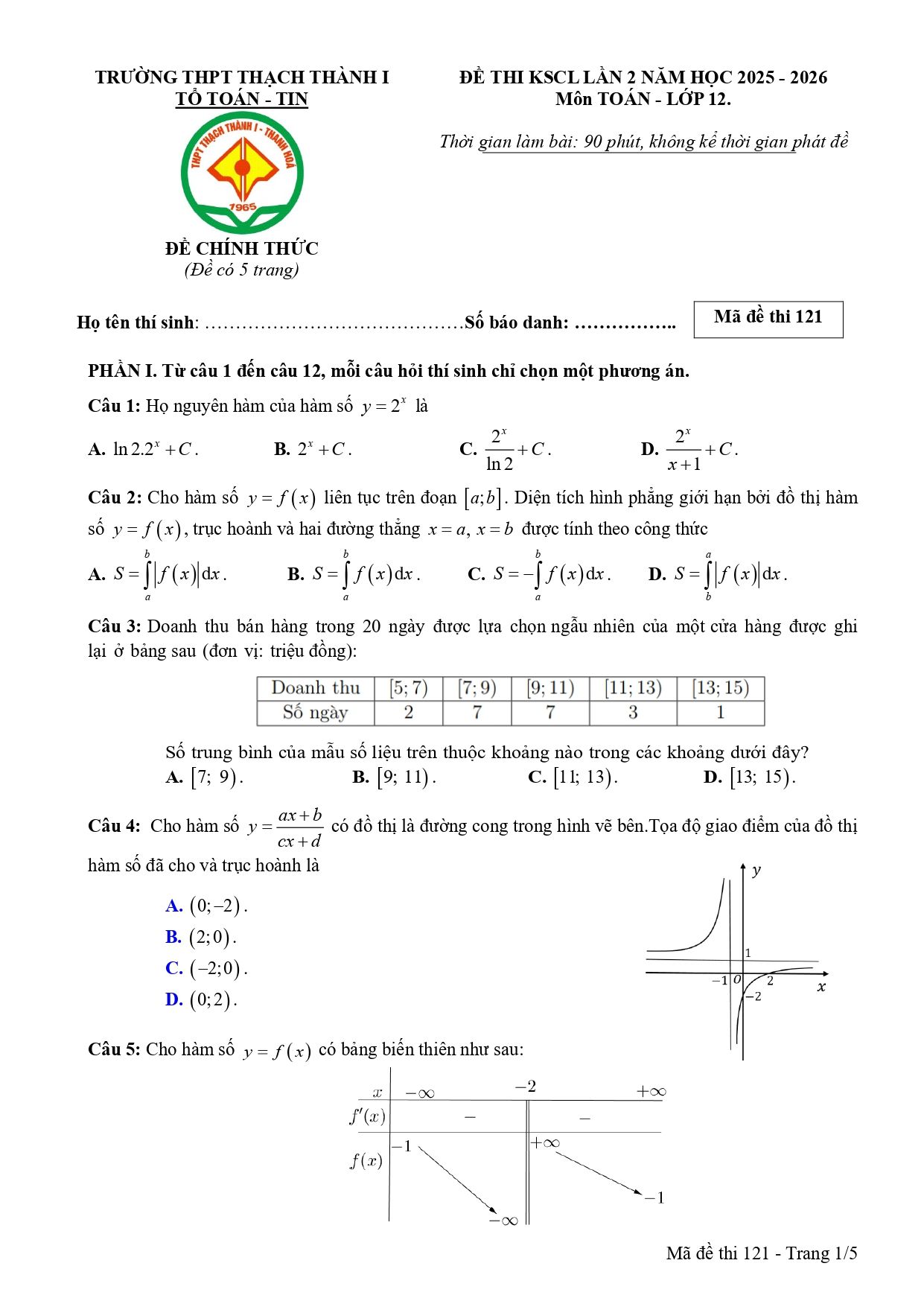 Đề thi thử Tốt nghiệp THPT Toán (lần 2) 2025-2026 trường THPT Thạch Thành 1 (Thanh Hóa)