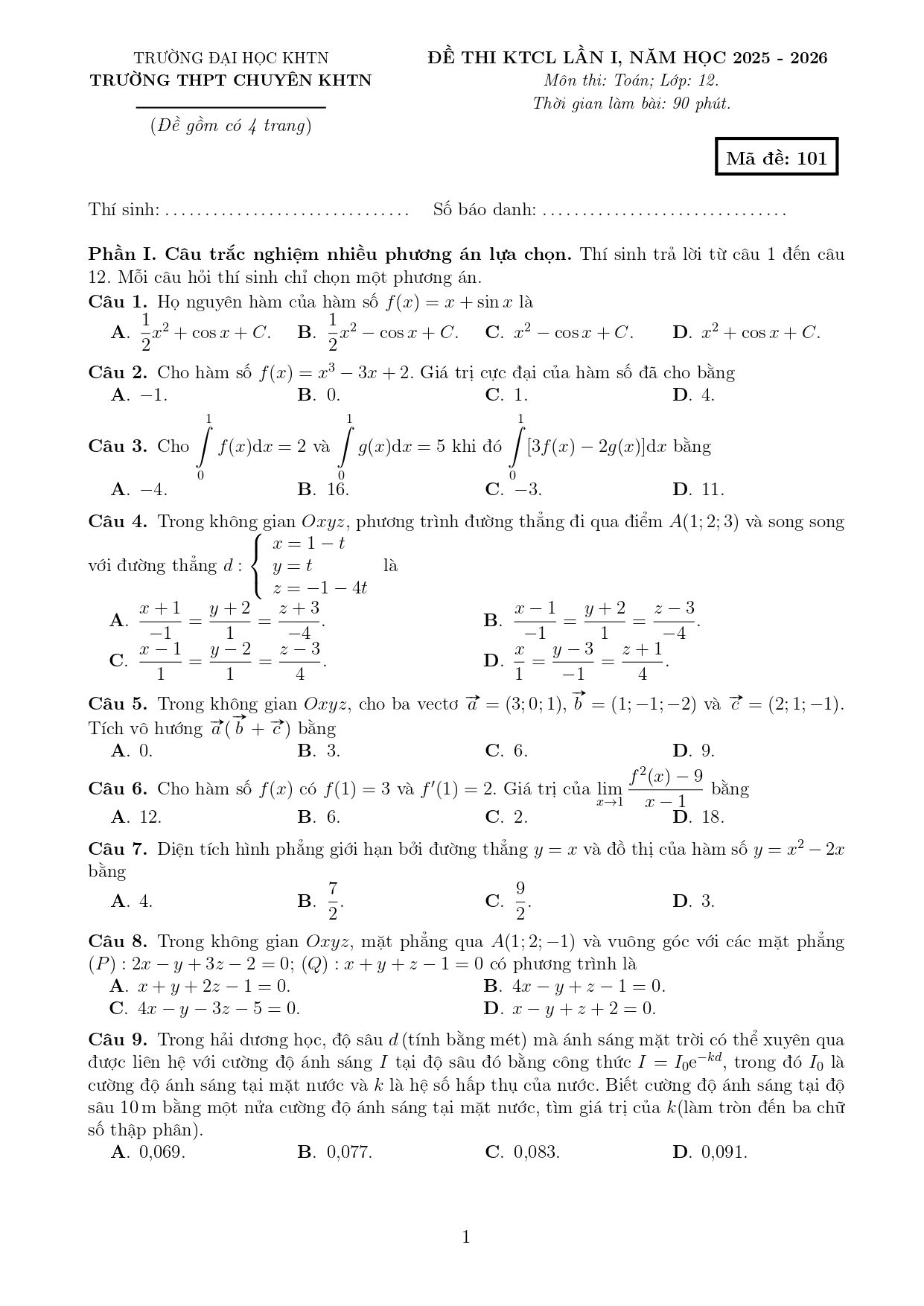 Đề thi thử Tốt nghiệp THPT Toán 2025-2026 trường THPT chuyên KHTN, Đại học KHTN (Hà Nội)