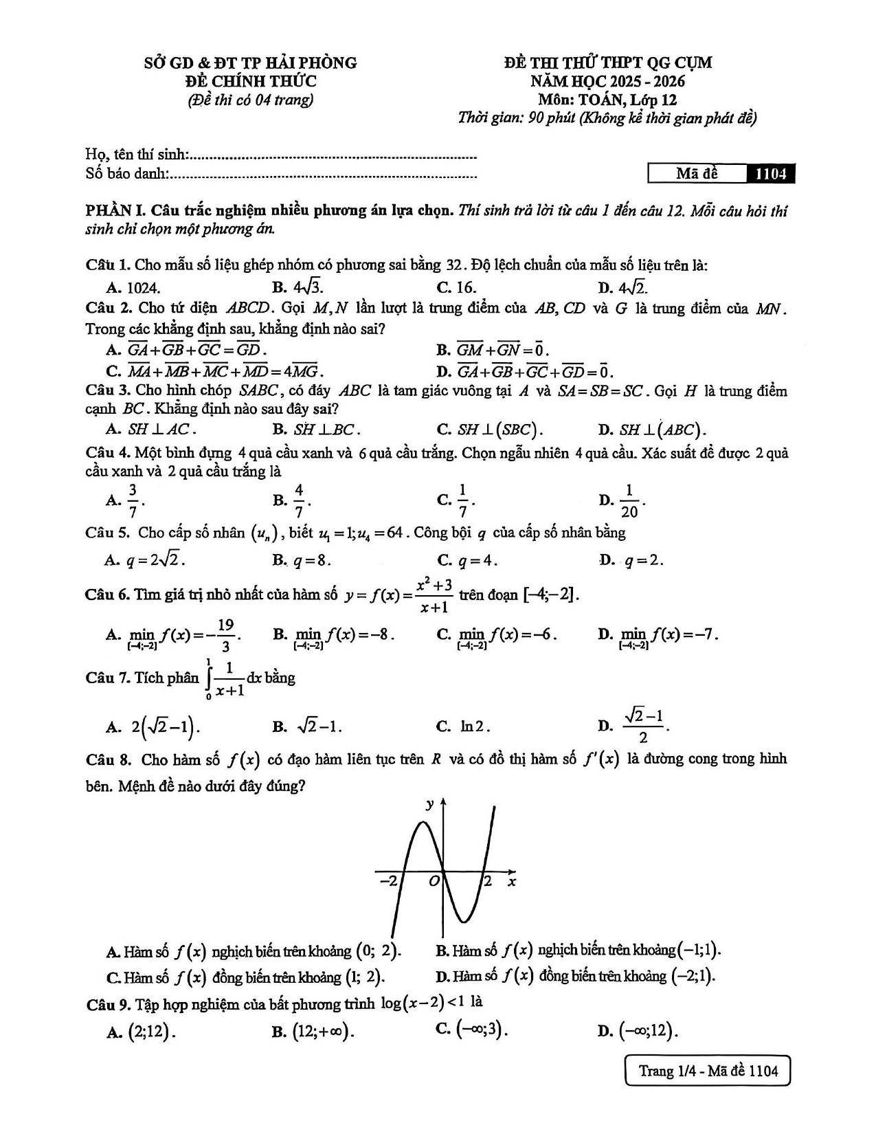 Đề thi thử Tốt nghiệp THPT Toán 2025-2026 cụm trường THPT (Hải Phòng)