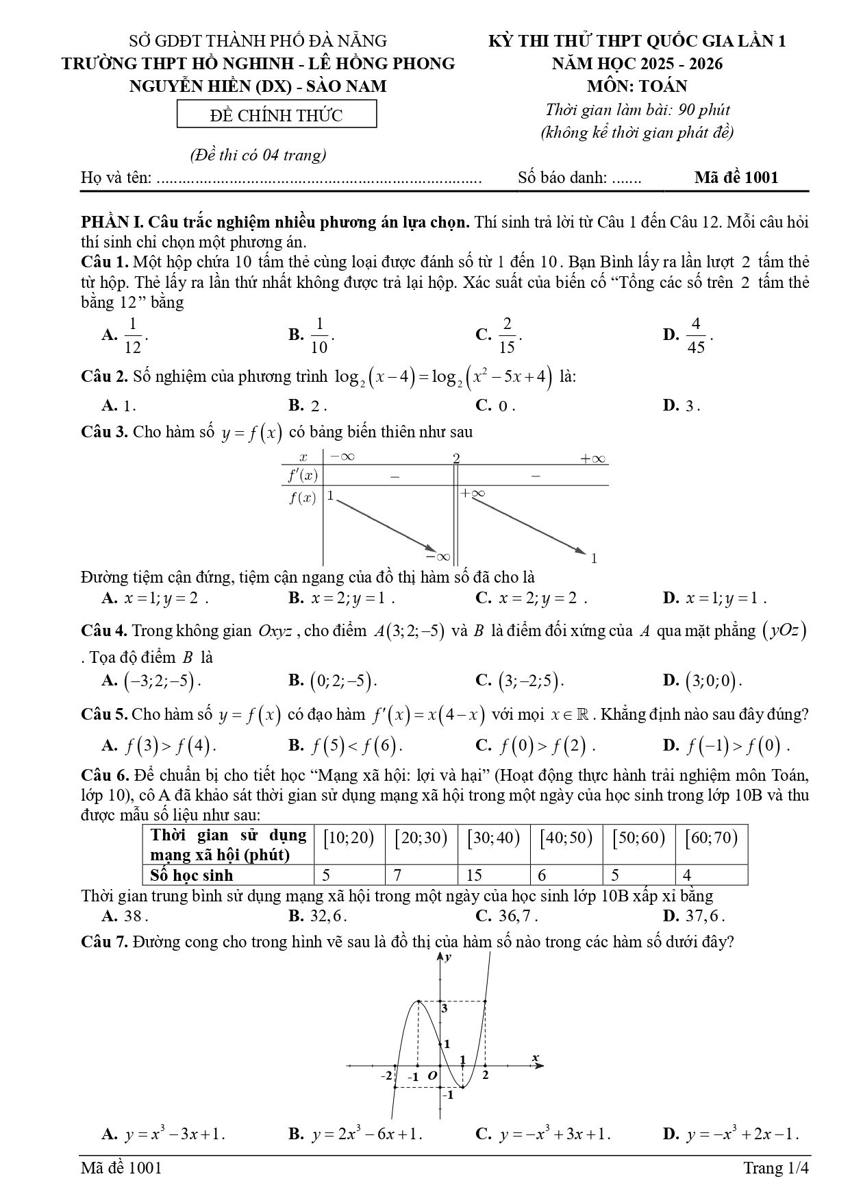 Đề thi thử Tốt nghiệp THPT Toán 2025-2026 cụm 4 trường THPT: Hồ Nghinh - Lê Hồng Phong - Nguyễn Hiền - Sào Nam (Đà Nẵng)