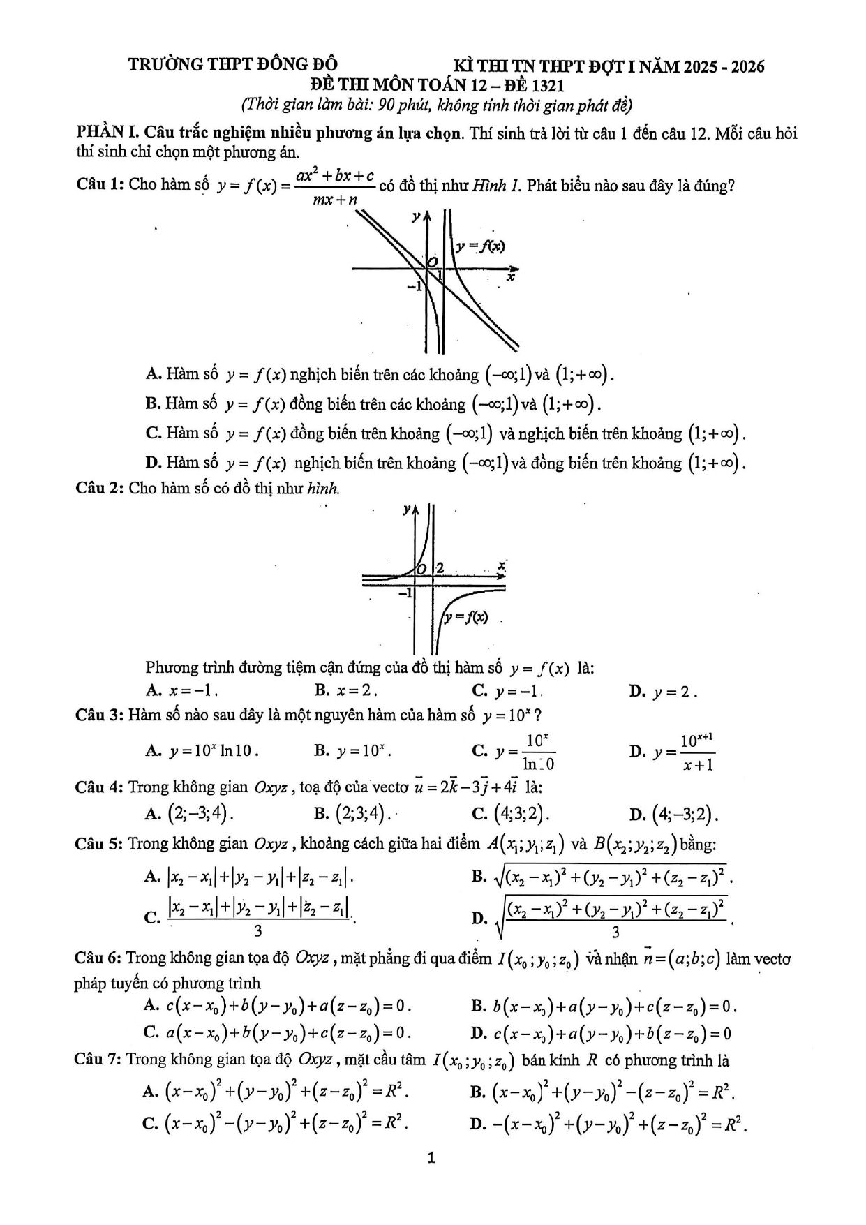 Đề thi thử Tốt nghiệp THPT Toán 2025-2026 trường THPT Đông Đô (Hà Nội)